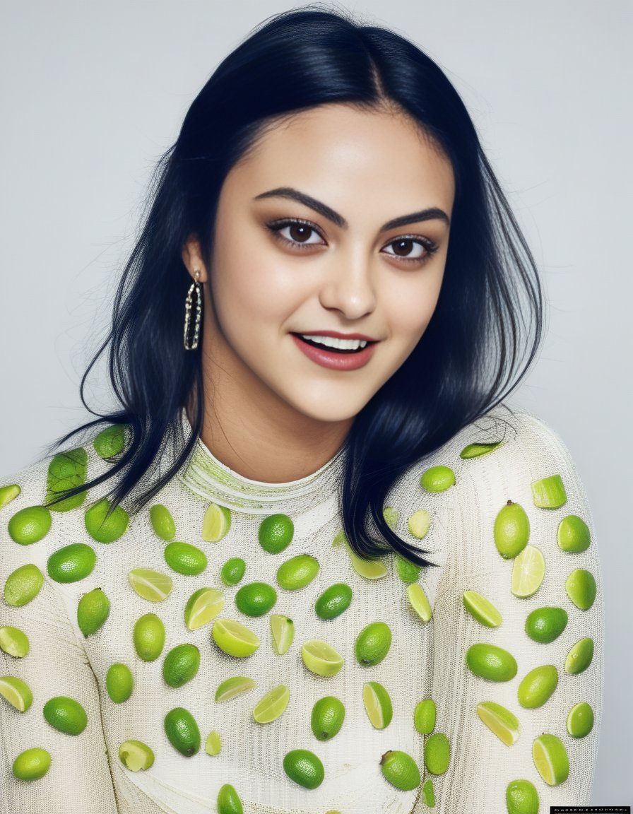 CamilaMendes,<lora:CamilaMendesSDXL:1>,(pictured from thighs to head), Terry Richardson photography, direct flash light, bright, strong contrast, white background, Lizzy Greene, lime slice in mouth, very detailed face, detailed skin, 3/4 from behind, turning around, RAW photo, Yashica T4, dynamic, vibrant