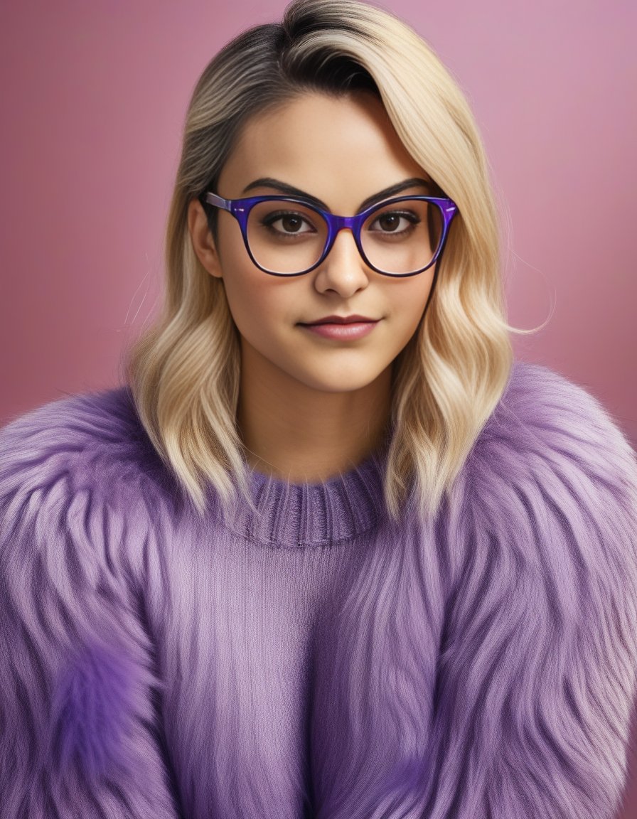 CamilaMendes,<lora:CamilaMendesSDXL:1>,(medium shot:1.3) photography, woman wearing purple eyeglasses, fur sweater, blond hair, short hair, high quality, highly detailed, Sharpdetail, photorealism, hyperrealism, realistic, real, natural color, warm tone