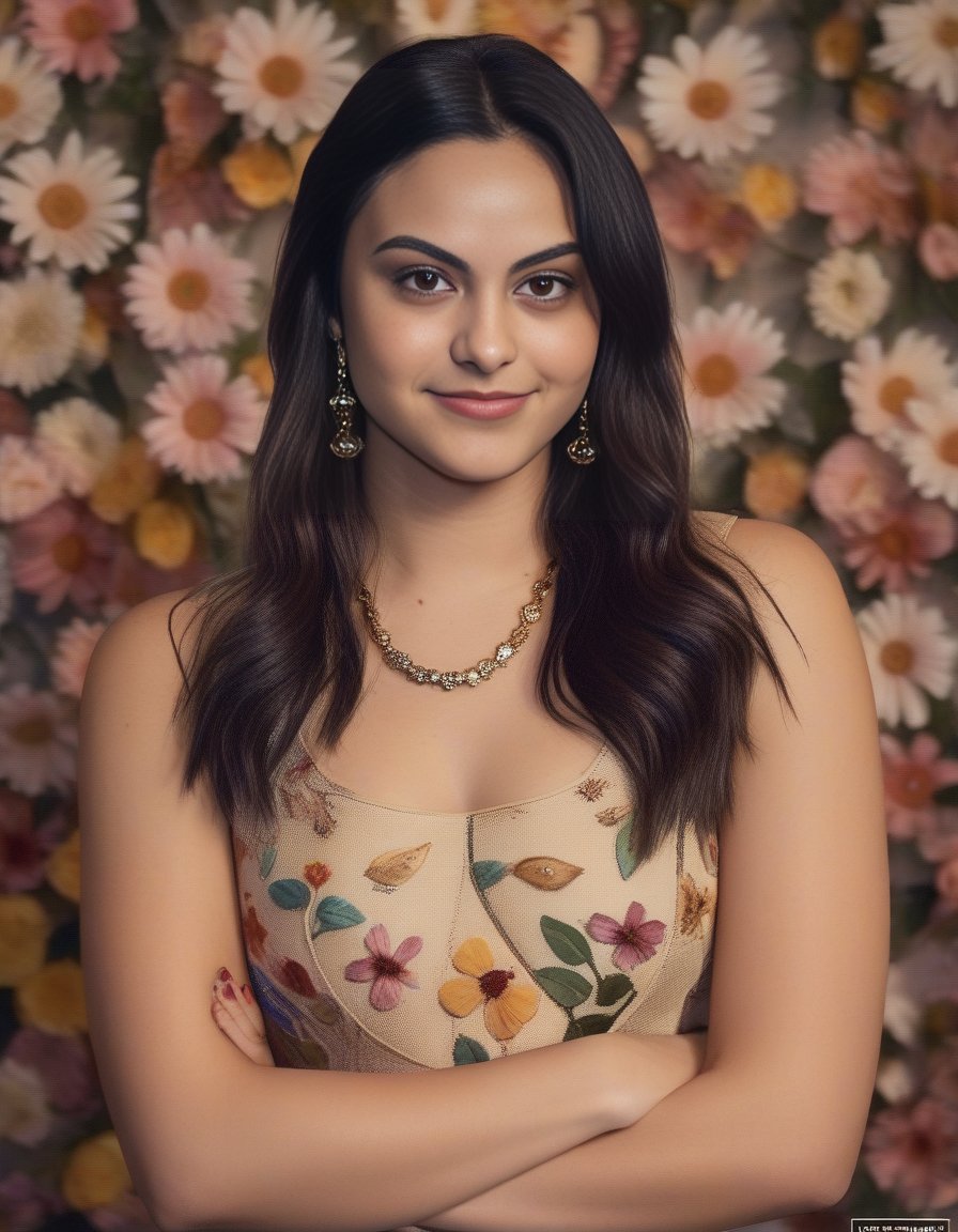 CamilaMendes,<lora:CamilaMendesSDXL:1>, a Realistic photo of  woman, 1girl, solo, long hair, looking at viewer, smile, brown hair, brown eyes, jewelry, upper body, earrings, necklace, mole, lips, traditional media, floral print, realistic, professional Photography, Photorealistic, detailed eyes, RAW, analog, sharp focus, 8k, HD, DSLR, high quality, Fujifilm XT3, film grain, award winning, masterpiece