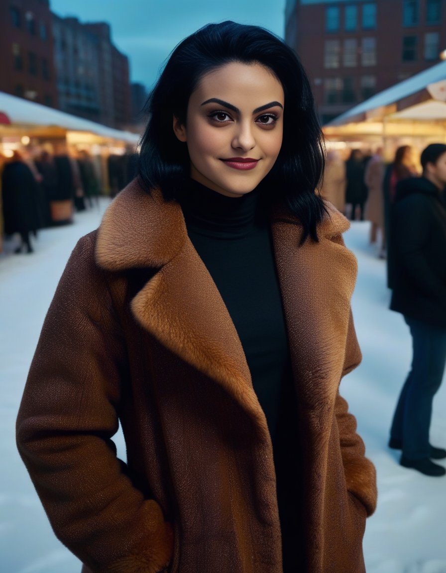 CamilaMendes,<lora:CamilaMendesSDXL:1>,Wearing coat, fur coat, mink coat, black turtleneck, brown eyes, looking at viewer, smiling, teeth, medium shot, standing, outside, city, market, nighttime, snow, crowd, high quality, masterpiece, gorgeous, cinematic, dramatic ambient, highly detailed, very cool, futuristic, sharp focus, intricate, vibrant, color, epic light