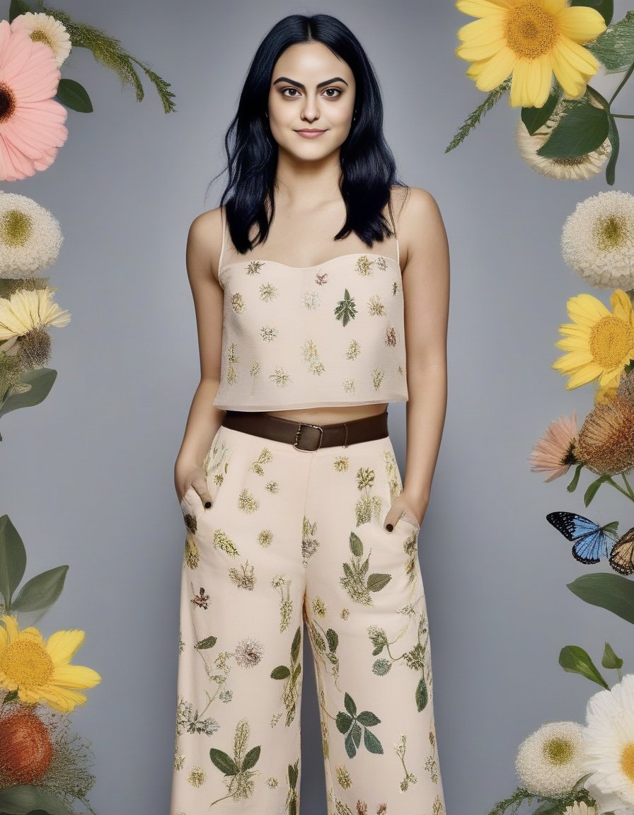 CamilaMendes,<lora:CamilaMendesSDXL:1>,Generate a fashion concept inspired by the elegance of botanical elements. Envision clothing designs that incorporate floral patterns, organic textures, and natural color palettes. Consider how this collection captures the essence of nature in a sophisticated and wearable way