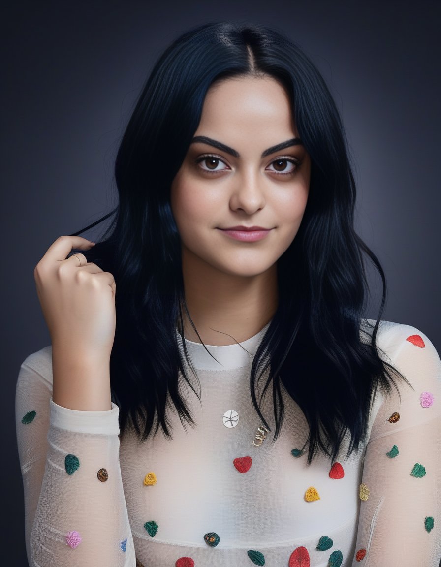 CamilaMendes,<lora:CamilaMendesSDXL:1>,Generate a hyper-realistic portrait of a beautiful white girl with neon black hair, light freckles, resembling an Instagram fashion influencer