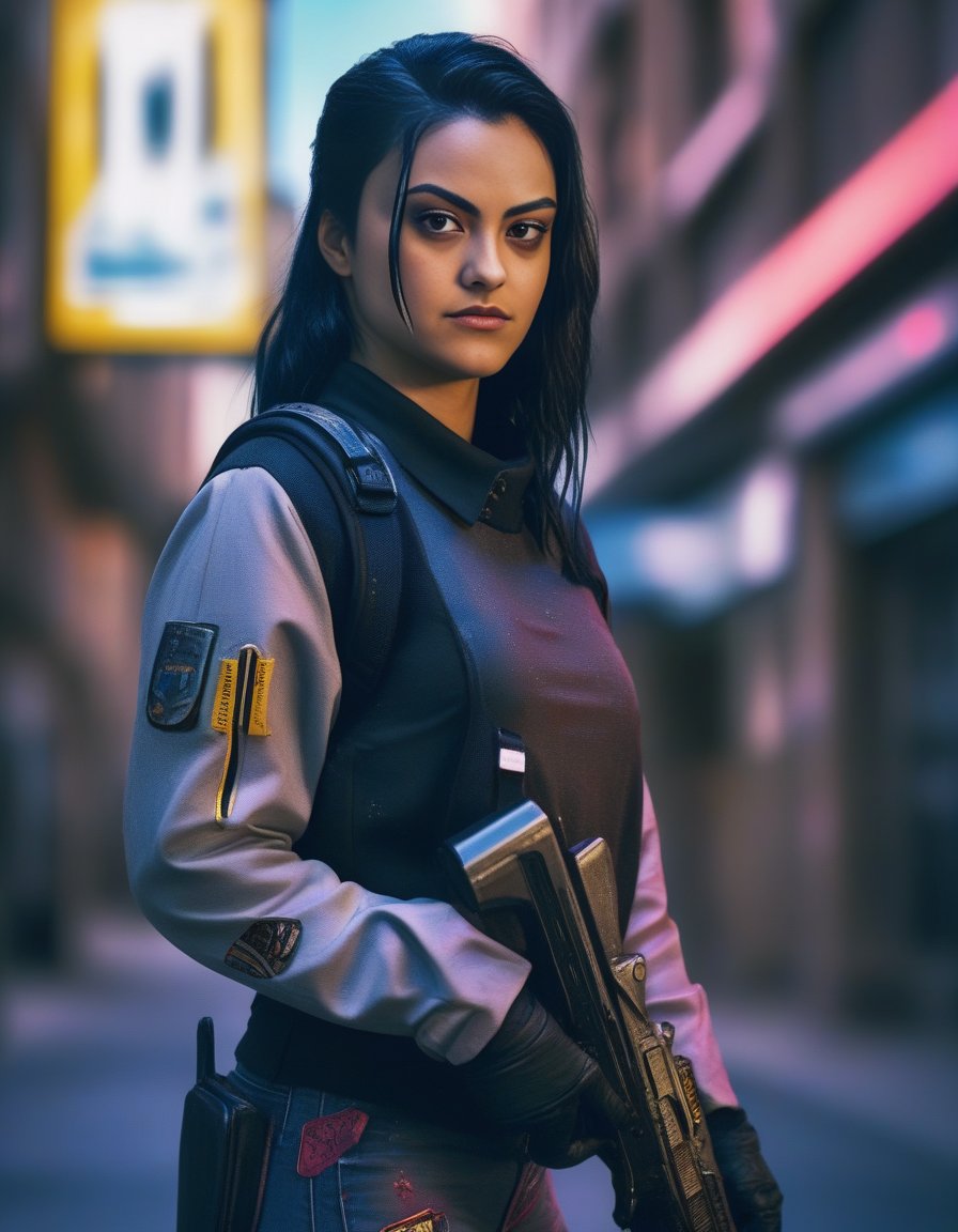 CamilaMendes,<lora:CamilaMendesSDXL:1>  (8k, RAW photo, best quality, masterpiece:1.2), (realistic, photo-realistic:1.37), ultra highres, depth of field, chromatic aberration, caustics, Broad lighting, natural shading,Fujifilm XT3,ultra detailed,cyberpunk uniform,1girl, solo,standing, looking at viewer, outdoors,street