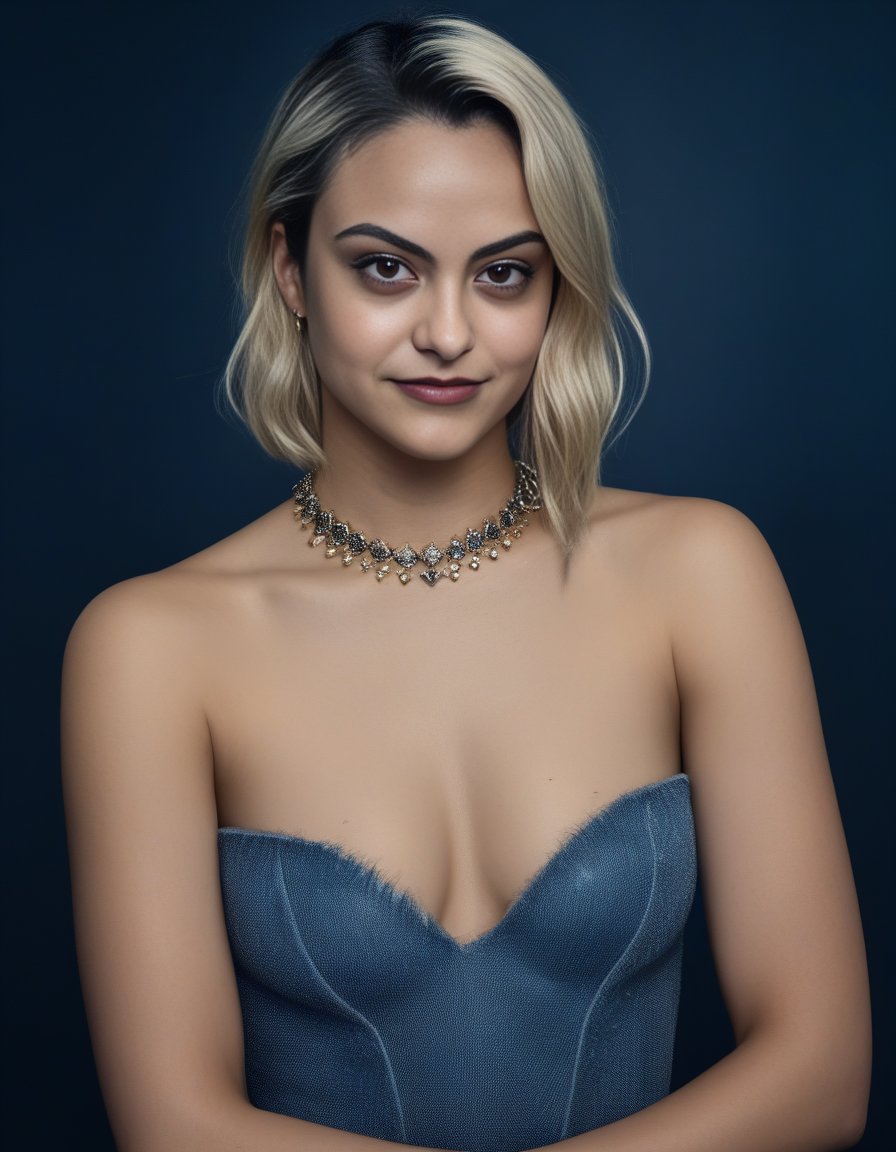 CamilaMendes,<lora:CamilaMendesSDXL:1>,Realistic photo of a beautiful  woman, 1girl, solo, looking at viewer, short hair, blue eyes, blonde hair, dress, jewelry, collarbone, parted lips, teeth, necklace, lips, black background, portrait, realistic, soft lighting, professional Photography, Photorealistic, detailed, RAW, analog, sharp focus, 8k, HD, DSLR, high quality, Fujifilm XT3, film grain, award winning