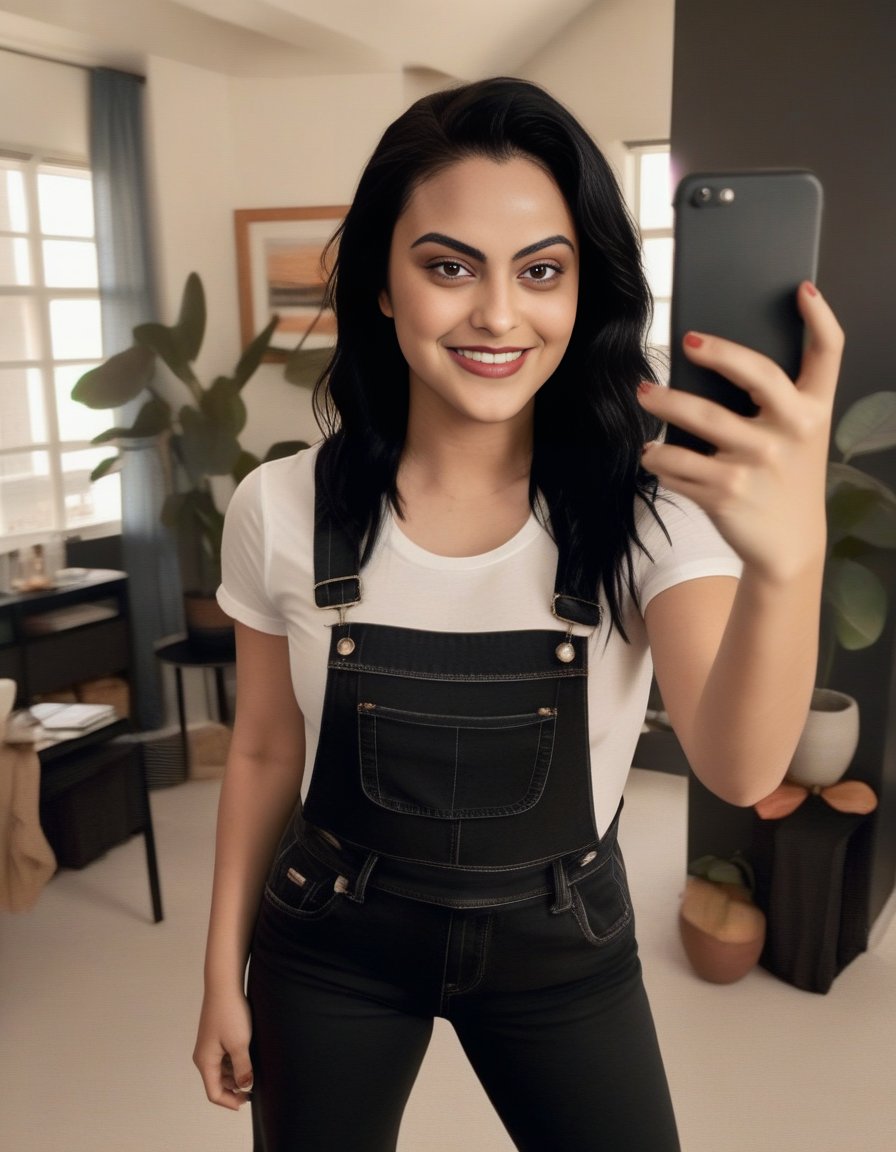 CamilaMendes,<lora:CamilaMendesSDXL:1>, a curvy athletic woman in black overalls is smiling and taking a selfie, white t-shirt, streak in hair