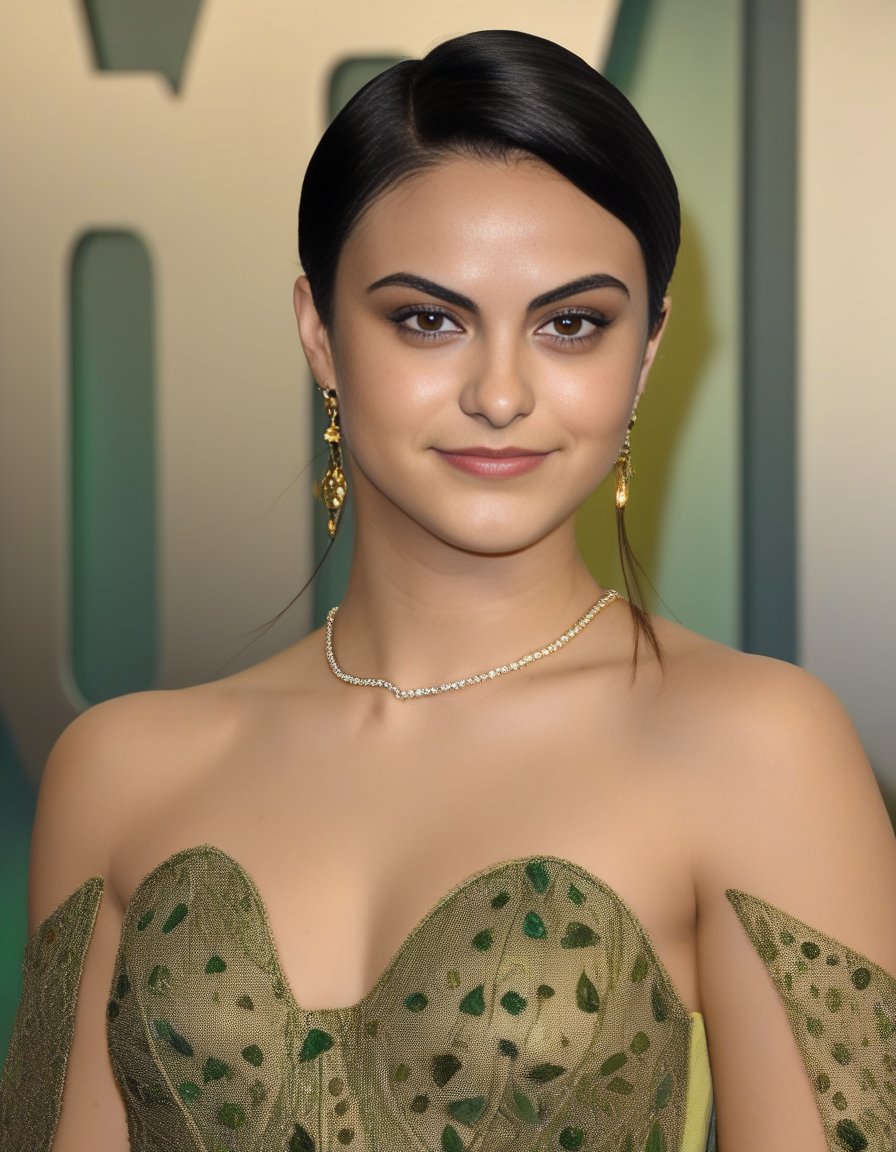 CamilaMendes,<lora:CamilaMendesSDXL:1>,An image of a young woman with auburn hair with lighter ends, styled to flow away from her face, and green eyes that are striking and framed by defined eyebrows. She has fair skin with visible natural freckles across her nose and cheeks. The woman wears simple stud earrings and has a confident gaze into the camera. Her black dress has golden bejeweled straps on her shoulder, adding an elegant touch. In door background.