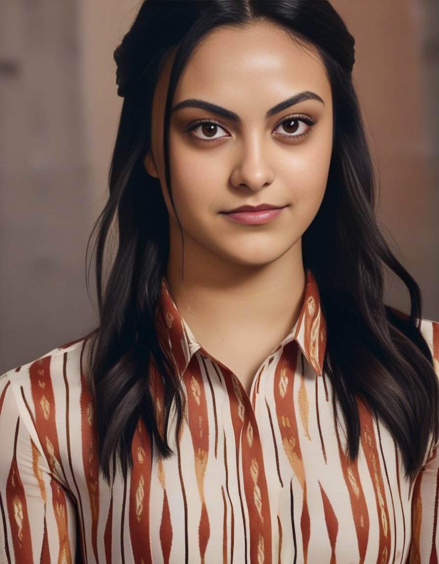 CamilaMendes,<lora:CamilaMendesSDXL:1>,A close-up portrait of a young girl, fishtail braid style, slim with curves, ikat motive shirt, captured by a randomly selected photographer. This image, characterized by its minimalism style and outdoor background that was recognized as a contest winner. It has been featured on CG Society.