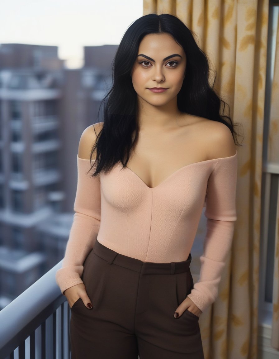 CamilaMendes,<lora:CamilaMendesSDXL:1>,a woman with long black hair standing on a balcony, cinematic beautiful natural skin, light blush, curls, beautiful sexy woman photo, in elegant decollete, short dark blond beard, dating app icon, charli bowater, brunette with dyed blonde hair, photo of young woman, muted brown, very very very very beautiful, curtains, wearing intricate, windblown