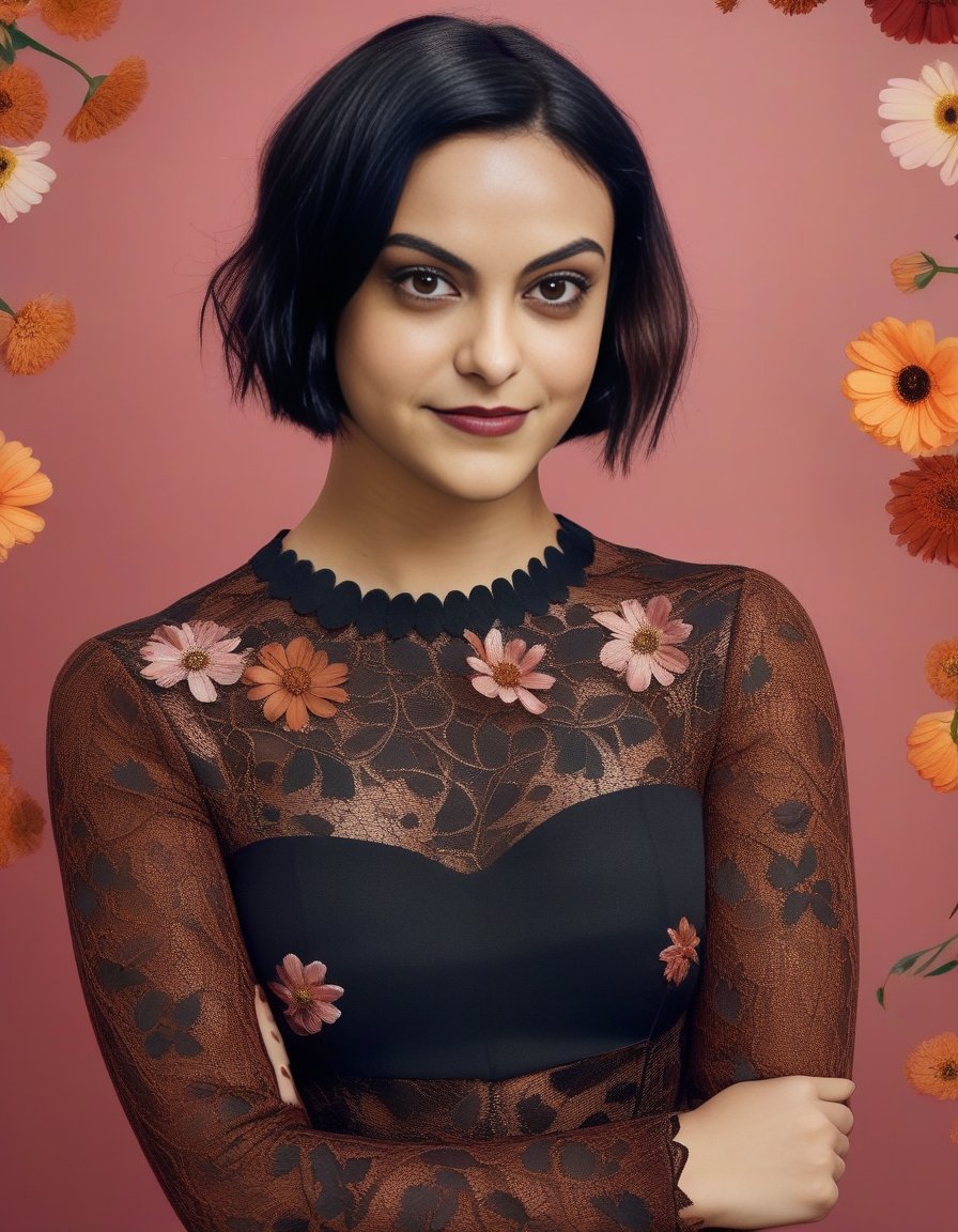 CamilaMendes,<lora:CamilaMendesSDXL:1>,An image of a woman with a side-parted, wavy burgundy bob haircut and brown eyes. Her fair skin is complemented with natural makeup. She wears a black lace top with a floral design over a rust-colored garment. The setting is a soft-focus urban backdrop, suggesting depth and atmosphere behind her. (((masterpiece)))