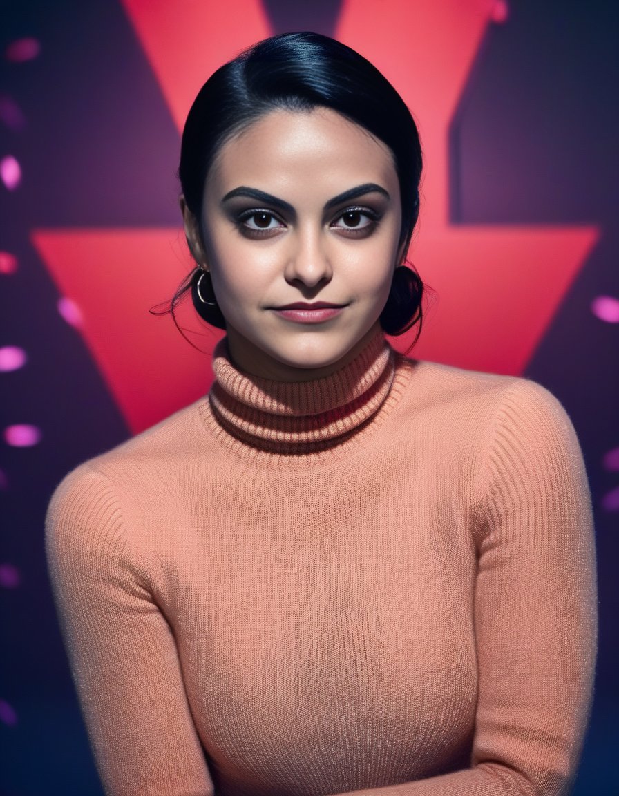 CamilaMendes,<lora:CamilaMendesSDXL:1>   (art by Mary Beale:0.8) , A photorealistic image of a woman, at a red carpet event, dressed in an elegant turtleneck sweater, with neon lighting reflecting her bold makeup, in a bustling Hollywood setting, captured in a third-person perspective with fish-eye lens, in a glossy magazine cover style, adding dramatic and cinematic effects, analog film grain, bokeh