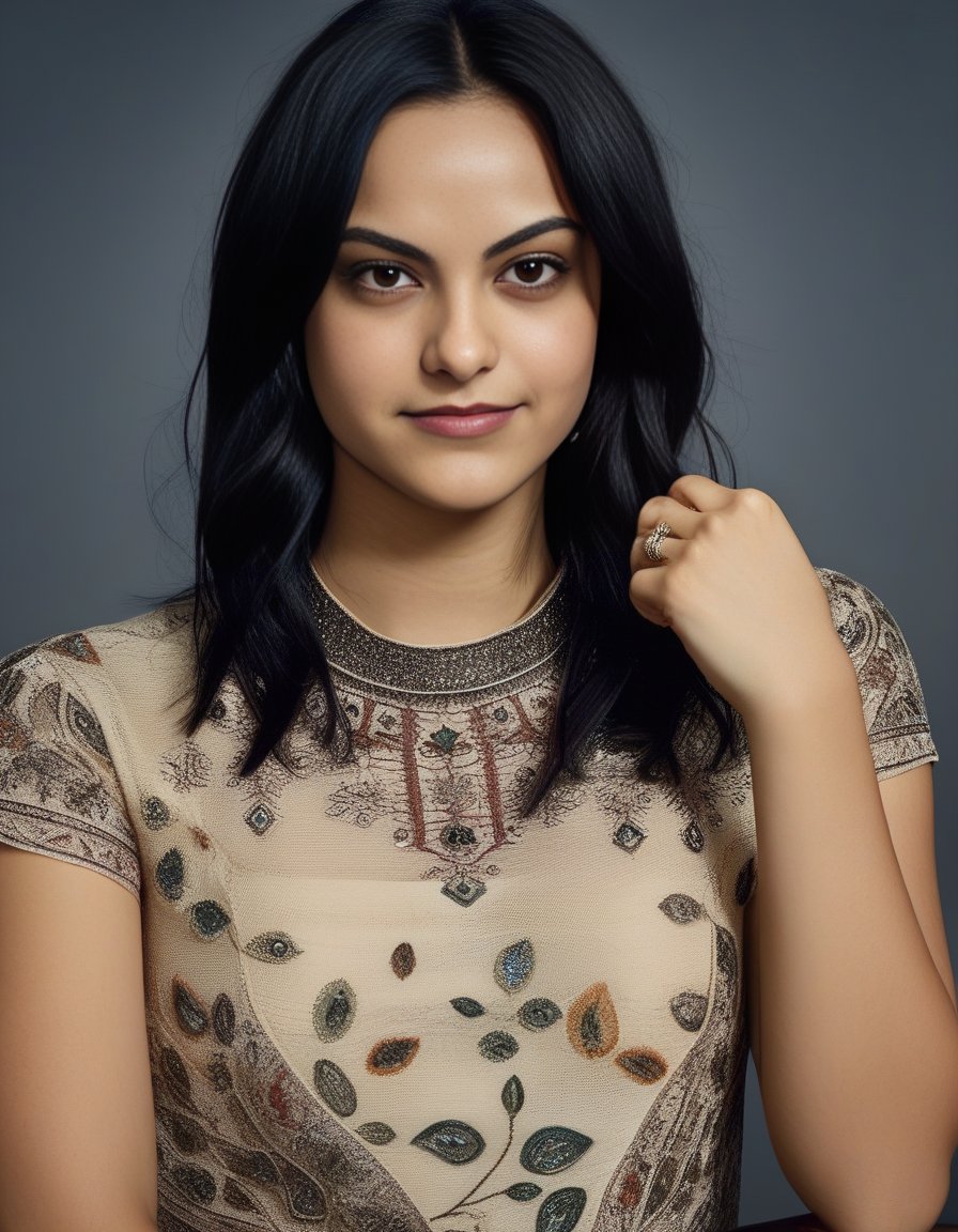 CamilaMendes,<lora:CamilaMendesSDXL:1>,A close-up portrait of a young beautiful (Scottish | French | Spanish | Iraqi ) girl, soft natural skin, long layered bob hair style, slim with curves, Persian Paisley shirt, beautiful diamond necklaces and rings, highly details, soft lighting, {{{masterpiece))), (((super-realistic)))