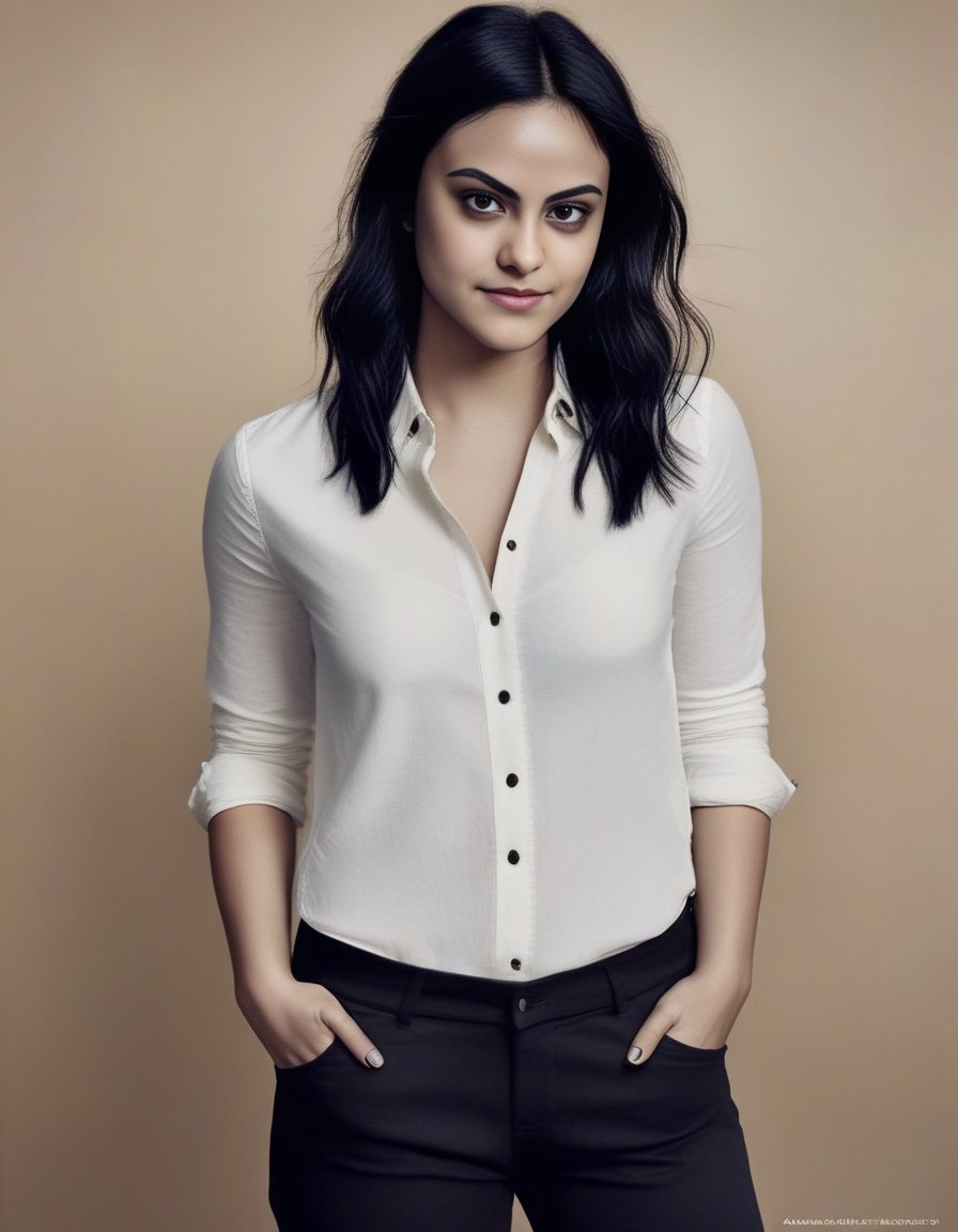 CamilaMendes,<lora:CamilaMendesSDXL:1>,An image of a young beautiful (Spanish|Turkish|german|french|Korean) girl, white denim shirt and black jeans, with a beautiful Asymmetrical Cut style  highly detailed, In the style of Alexander Averin