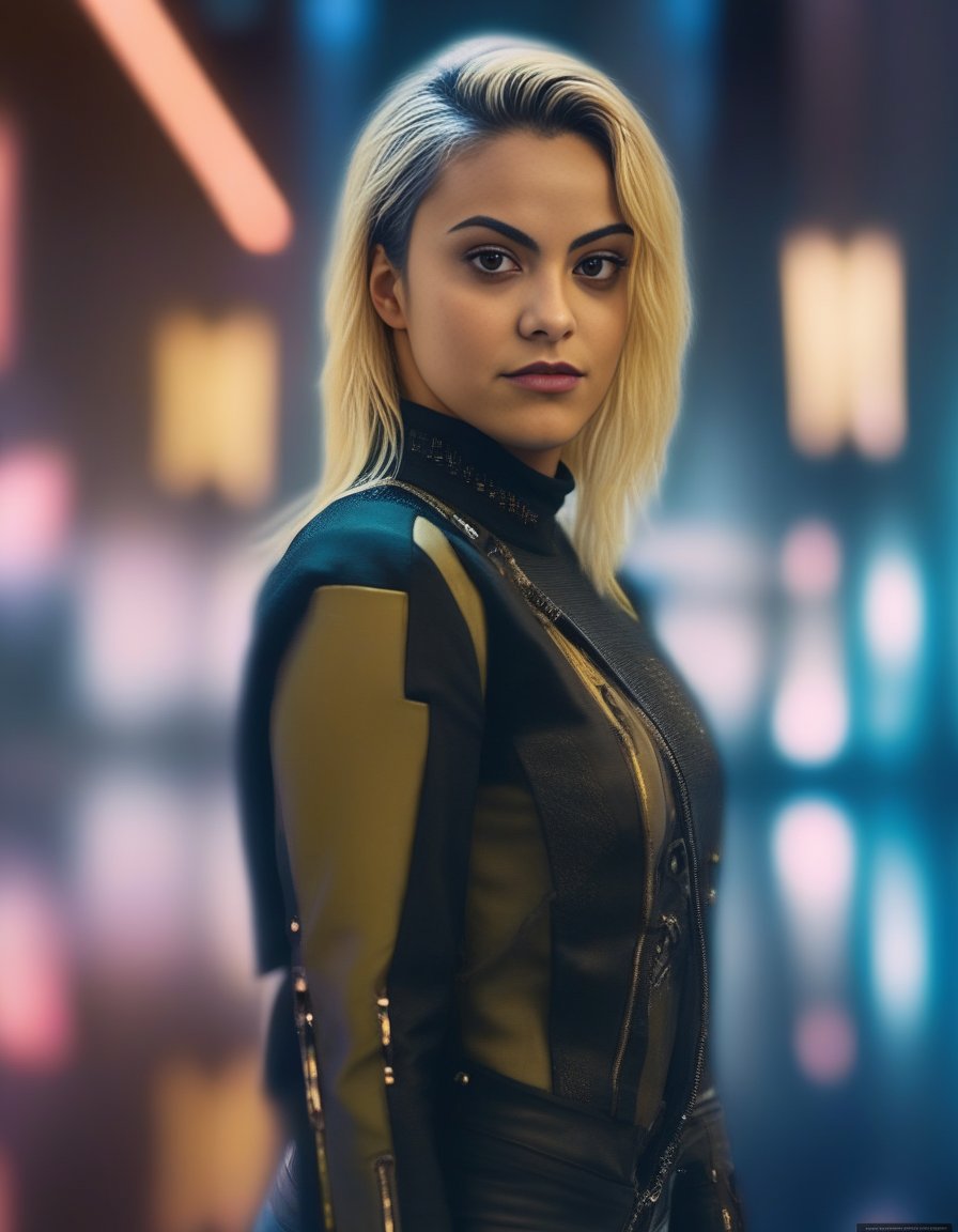 CamilaMendes,<lora:CamilaMendesSDXL:1>,(professional photography), (cyberpunk background), ((as a cyberpunk girl)), detailed face, (medium body portrait), (blonde hair), masterpiece, best quality, (eye contact), (looking at the viewer), centred, (shot from front), ((cinematic lighting)), blurred_background, proportional