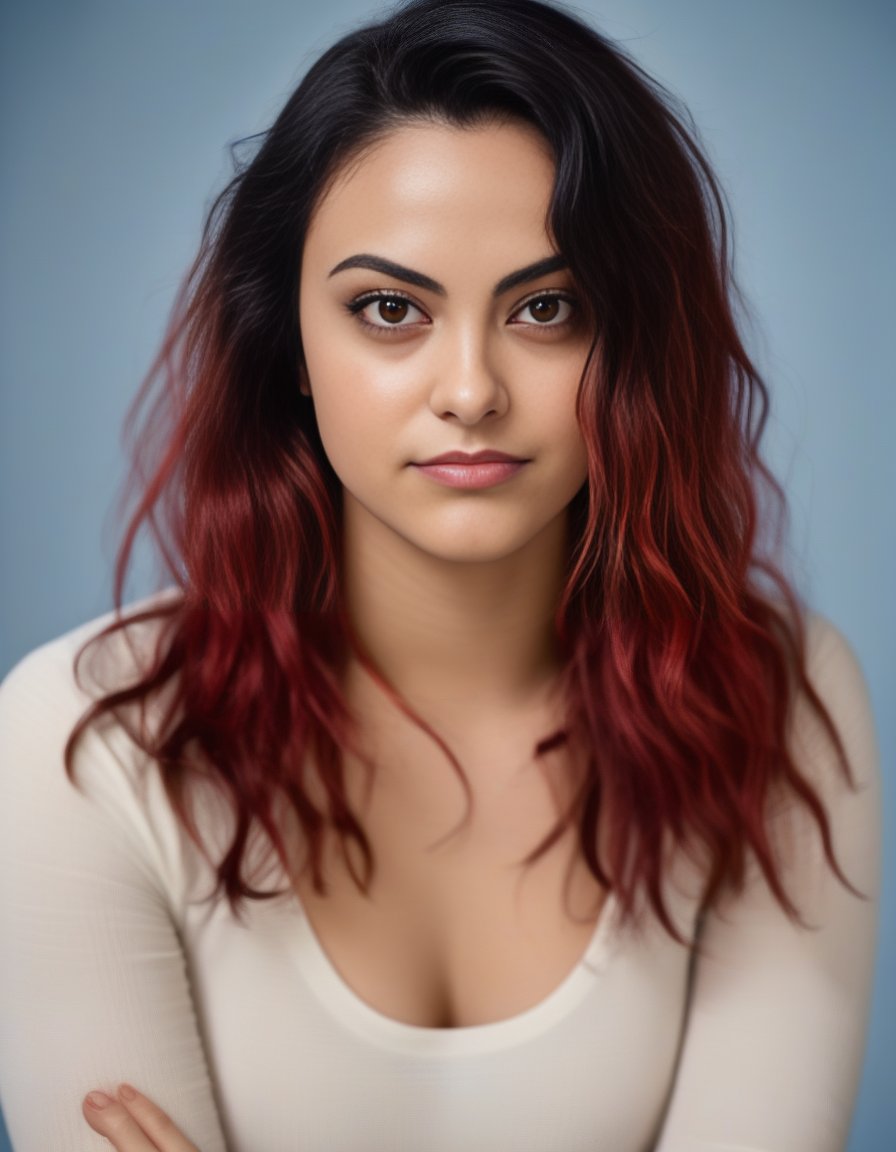 CamilaMendes,<lora:CamilaMendesSDXL:1>,Realistic photo of a beautiful woman, 1girl, solo, long hair, curly hair, looking at viewer, blue eyes, simple background,(((red hair))), white background, arms up, lips, portrait, realistic, soft lighting, professional Photography, Photorealistic, detailed, RAW, analog, sharp focus, 8k, HD, DSLR, high quality, Fujifilm XT3, film grain, award winning