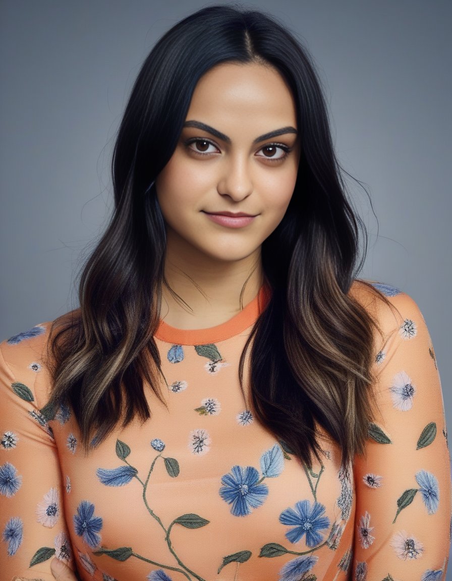 CamilaMendes,<lora:CamilaMendesSDXL:1>,A portrait of a woman with a natural and approachable look. Her long hair should have a blend of blonde highlights and brown tones, falling loosely around her shoulders. Her facial features include full lips, a straight nose, and large, almond-shaped eyes, all set in soft, luminous skin with a light blush on her cheeks. She should wear a patterned garment with a floral or paisley design in orange, blue, and beige. The lighting should be soft, creating gentle shadows that accentuate her features.