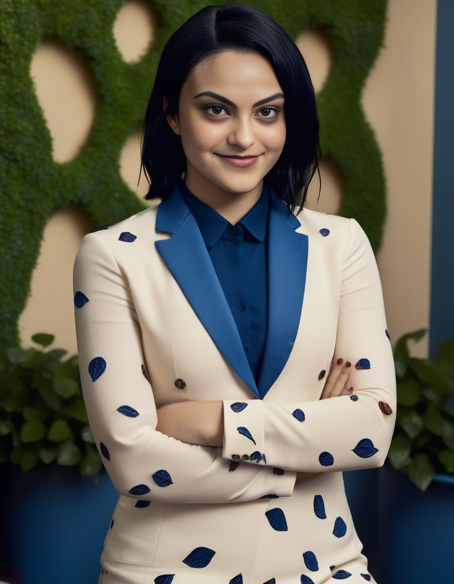 CamilaMendes,<lora:CamilaMendesSDXL:1>,professional photo of a young woman, upper body shot, NatVale, ((blue) business suit), smiling, short hair, solo, (soft lighting), sharp focus, detailed, natural lighting, ivy wall backdrop, (bokeh:1.2)