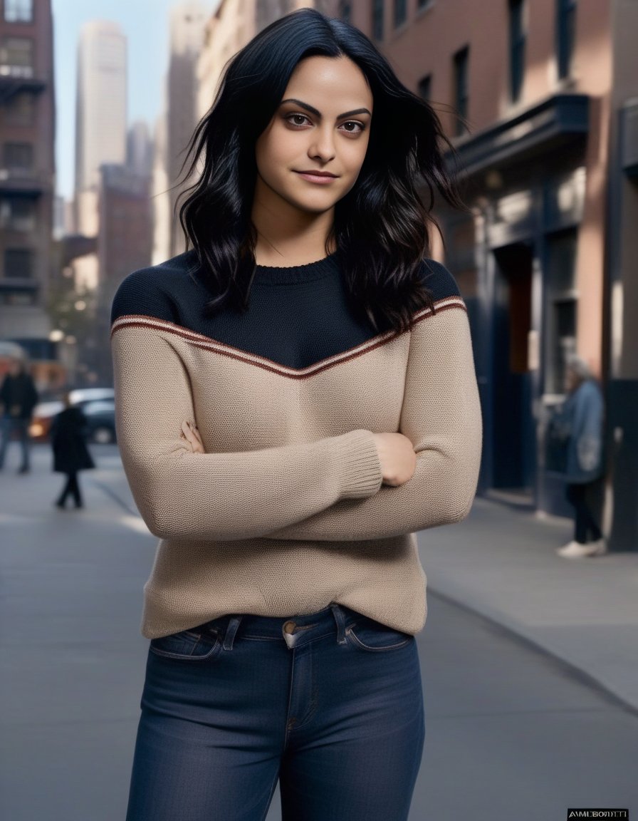 CamilaMendes,<lora:CamilaMendesSDXL:1>,An image of a pretty woman with wavy brunette, dimensional dark brown Highlights hairstyle, a mild warm complexion, subtle eye-focused makeup. She's dressed in a black sweater and blue jeans, standing casually on an urban street, touching her hair with one hand, in the style of Annie Leibovitz.