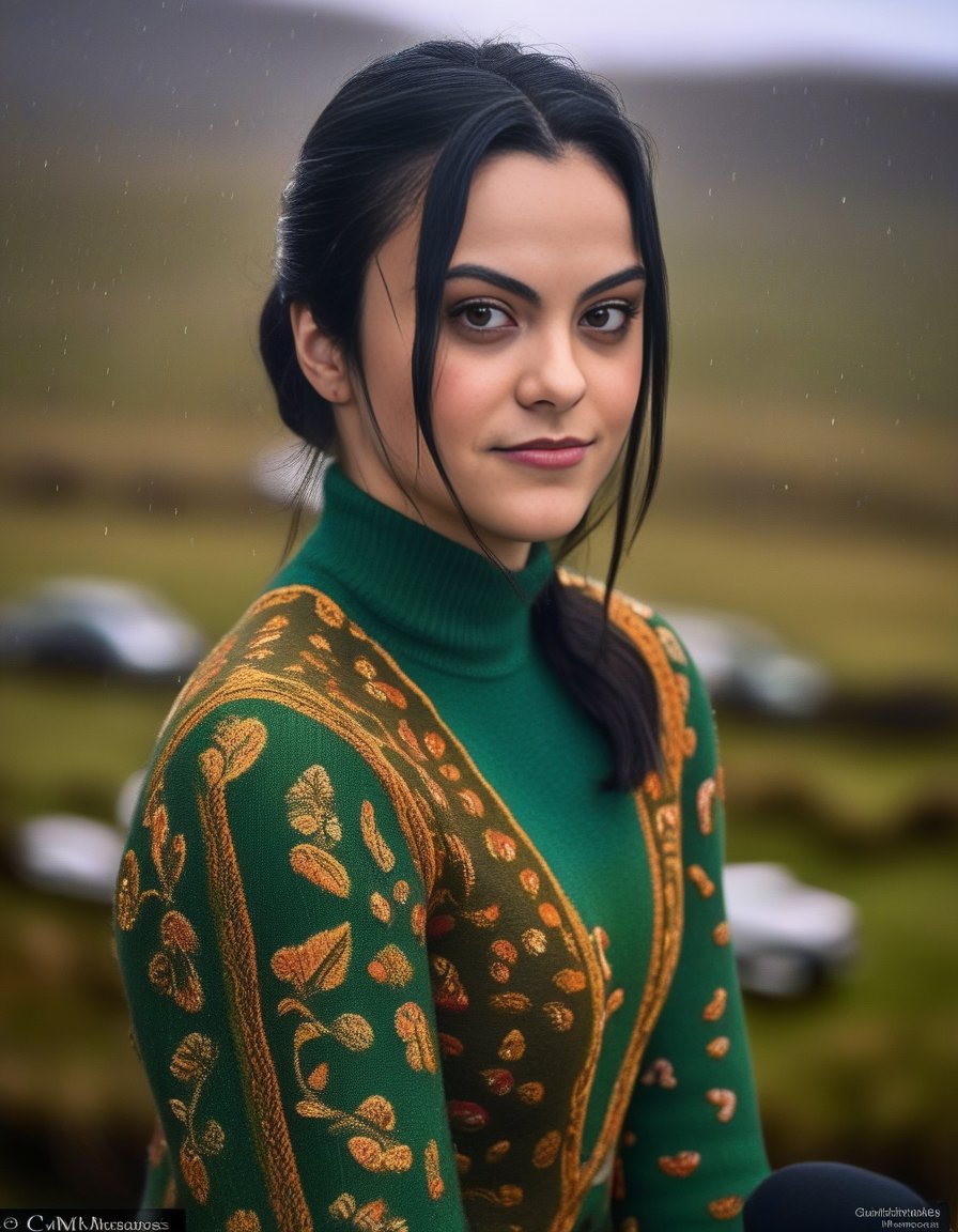 CamilaMendes,<lora:CamilaMendesSDXL:1>,candid shot, An Irish girl, style of spirit of Ireland, celticpunk, gaelic, surroundings of Connemara, irish spring colour, insane details, intricate details, hyperdetailed, bokeh,  rainy and sunlight, vibrant colors, Nikon D800, 85mm, f1.4,