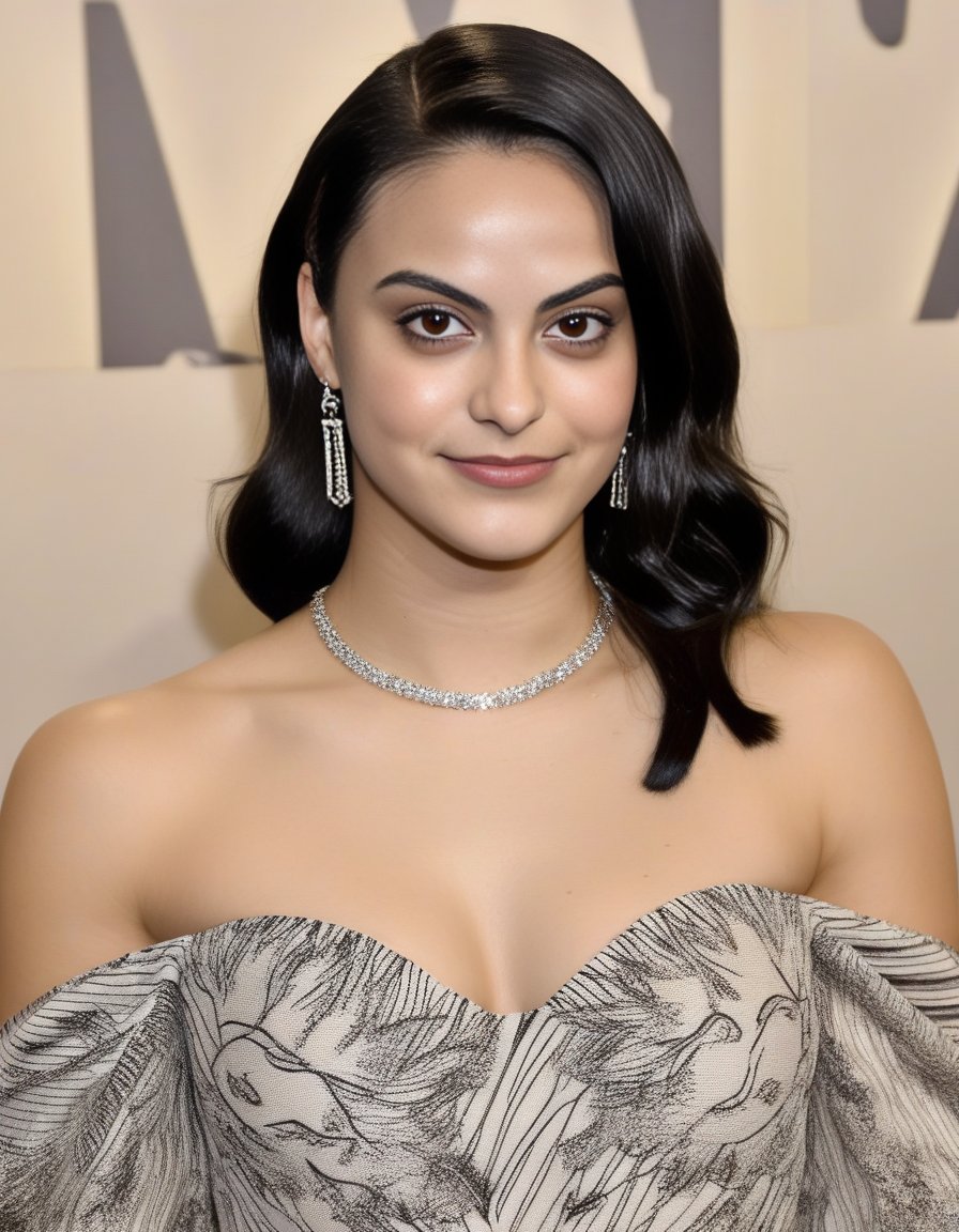 CamilaMendes,<lora:CamilaMendesSDXL:1>,An image of a woman with a Hollywood wave hairstyle with blonde highlights, hazel eyes, and fair freckled skin. She should be adorned with chandelier earrings and a diamond pendant necklace, wearing a black off-the-shoulder top. The image captures her poised and graceful demeanor.