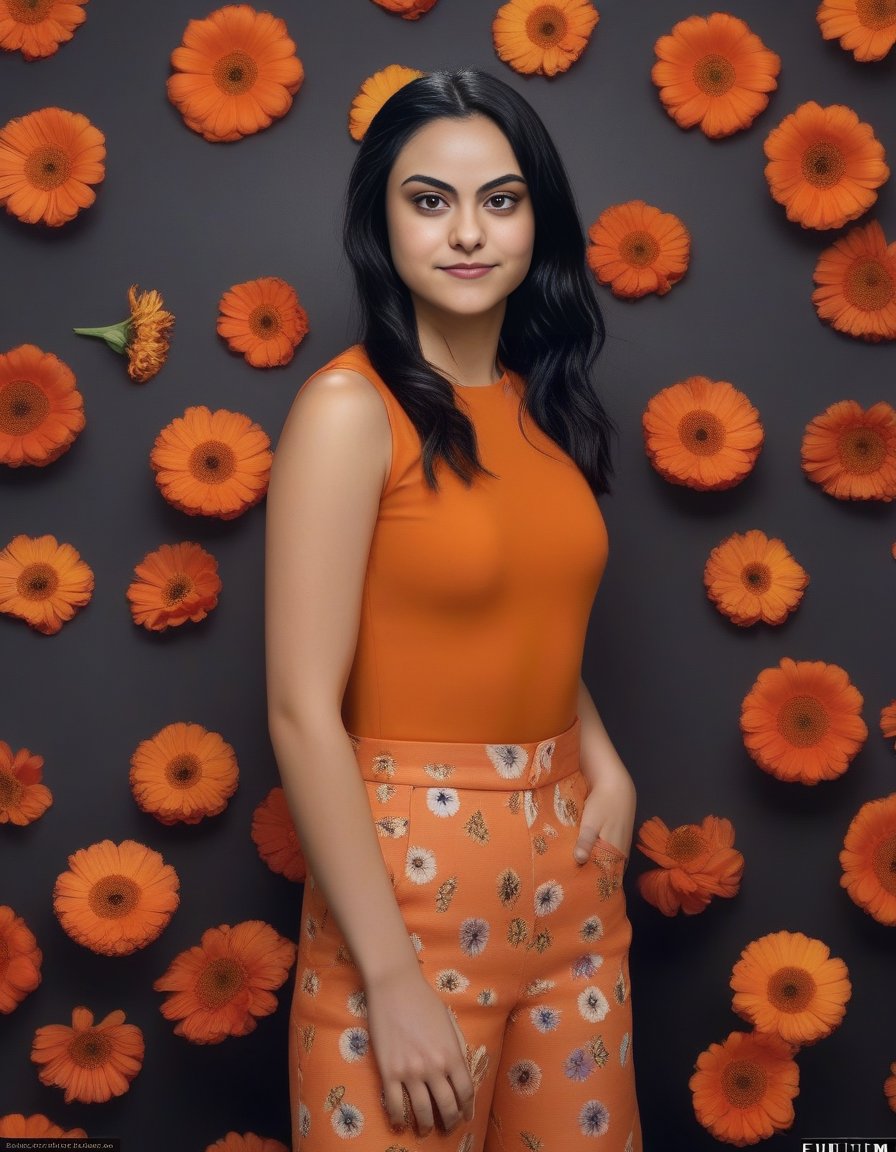 CamilaMendes,<lora:CamilaMendesSDXL:1>,a Realistic photo of  woman, 11girl, solo, long hair, looking at viewer, brown hair, shirt, black hair, brown eyes, upper body, flower, sleeveless, looking back, lips, realistic, nose, orange shirt, professional Photography, Photorealistic, detailed eyes, RAW, analog, sharp focus, 8k, HD, DSLR, high quality, Fujifilm XT3, film grain, award winning, masterpiece