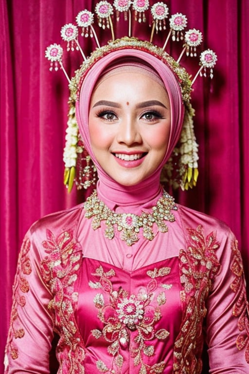 Fortait, best quality, 1.3, 16k, red wedding_kebaya, hijab, pink background ,5_fignered