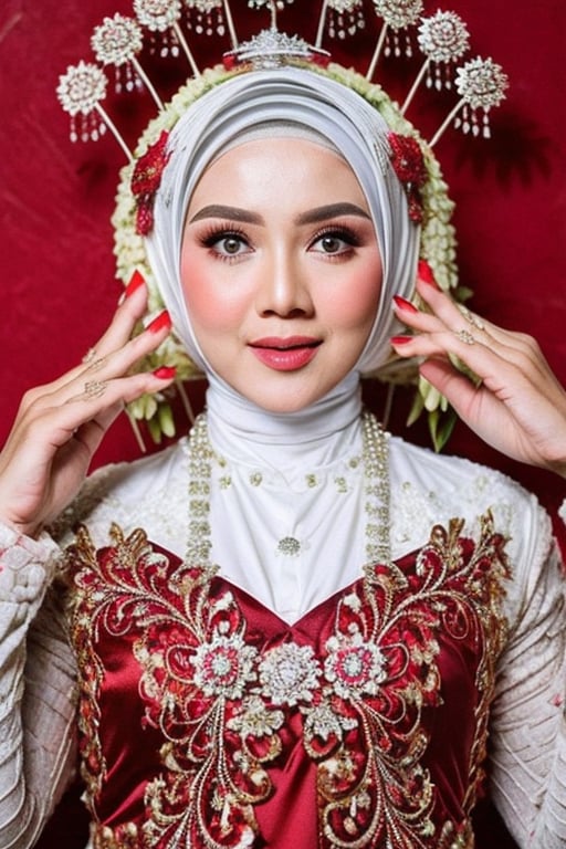 Fortait, best quality, 1.3, 16k, red wedding_kebaya, hijab, white background , 5_figner