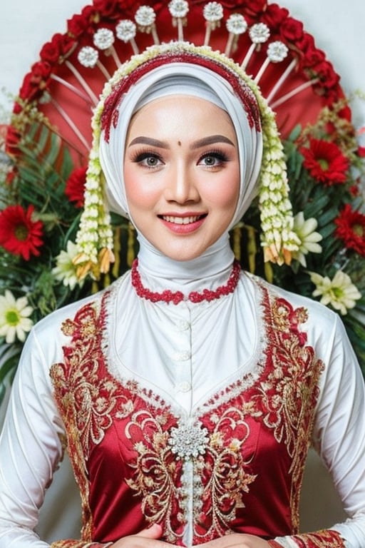 Fortait, best quality, 1.3, 16k, red wedding_kebaya, hijab, white background ,5_fignered