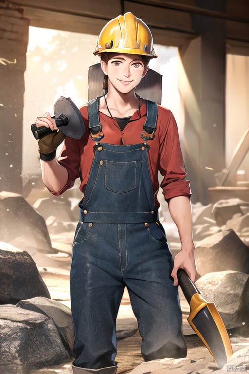 1boy,animation,miner,Hawk billed hoe,young miner,20 years old,wearing a hard hat,miner’s helmet,overalls,holding a pickaxe,digging in a mine,rocks,miner’s hat with a flashlight,smile,solo,:)