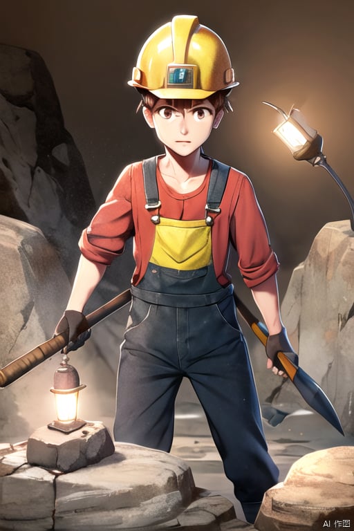 1boy,animation,miner,Hawk billed hoe,young miner,20 years old,wearing a hard hat,miner’s helmet,overalls,holding a pickaxe,digging in a mine,rocks,miner’s hat with a flashlight,