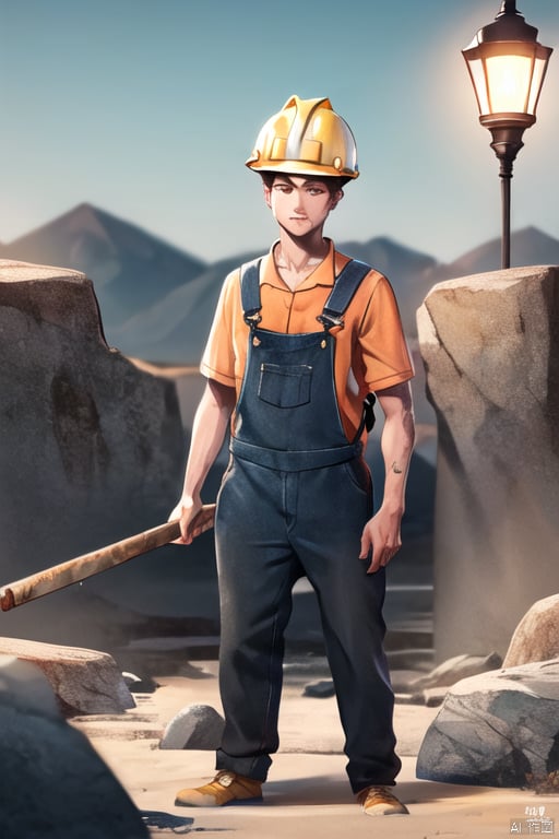 1boy,animation,miner,Hawk billed hoe,young miner,20 years old,wearing a hard hat,with a lamp,overalls,holding a pickaxe,digging in a mine,rocks,