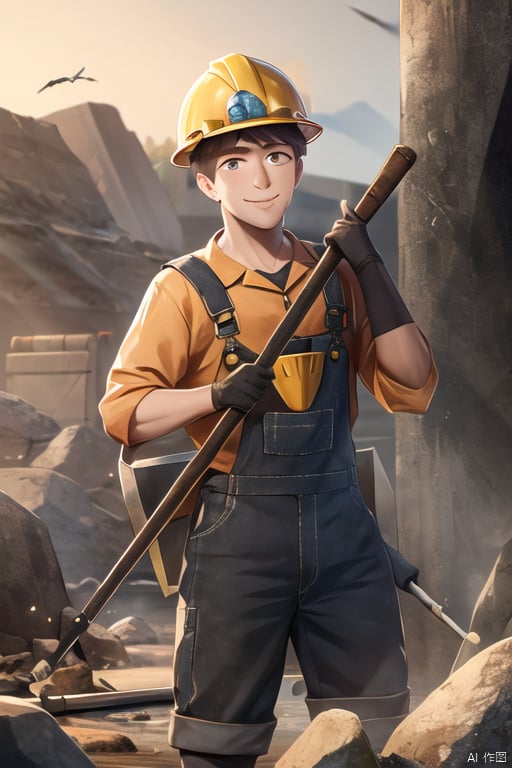 1boy,animation,miner,Hawk billed hoe,young miner,20 years old,wearing a hard hat,miner’s helmet,overalls,holding a pickaxe,digging in a mine,rocks,miner’s hat with a flashlight,smile,solo,:)