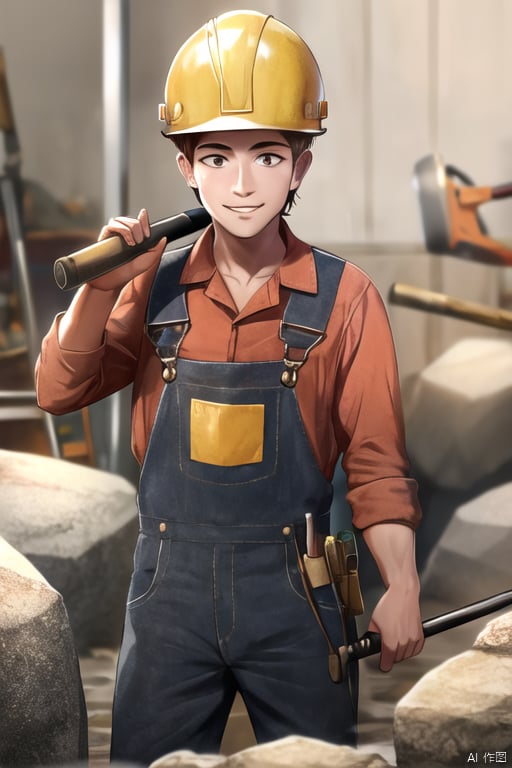 1boy,animation,miner,Hawk billed hoe,young miner,20 years old,wearing a hard hat,miner’s helmet,overalls,holding a pickaxe,digging in a mine,rocks,miner’s hat with a flashlight,smile,solo,:)