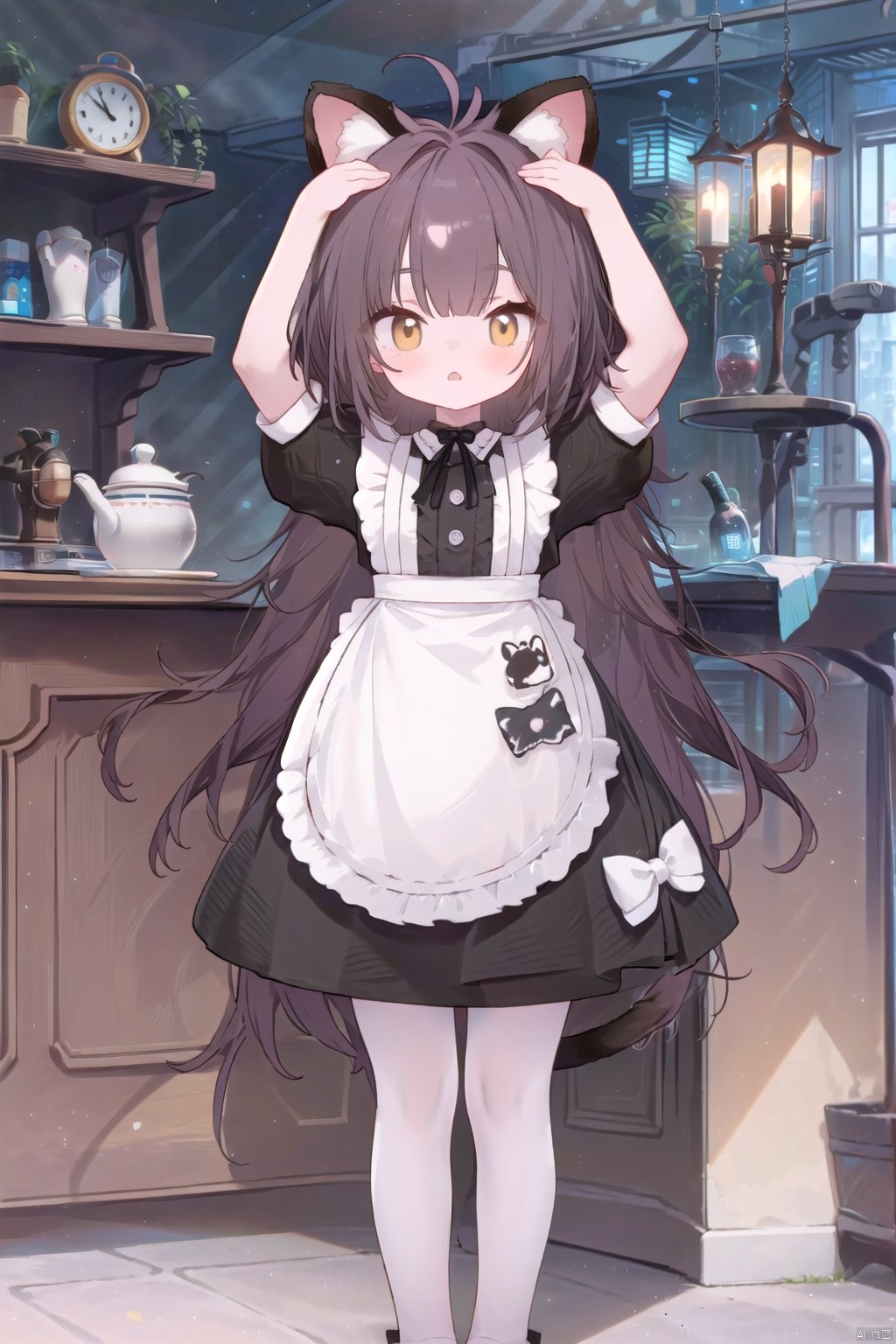 1girl, solo, long hair, looking at viewer, bangs,  brown hair, dress, bow, animal ears, brown eyes, very long hair, standing, tail, full body,ahoge, short sleeves, pantyhose, frills,  puffy sleeves, cat ears, black footwear, apron, black dress, arms up, puffy short sleeves, cat tail, animal ear fluff, maid, black bow, antenna hair, white bow, cat girl,white apron, maid apron, white pantyhose, frilled apron, paw print