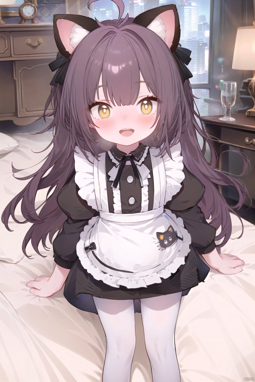  1girl, solo,foot focus,feet,long hair, blush, smile, open mouth, brown hair, dress, ribbon, animal ears, brown eyes, tail, full body, yellow eyes, ahoge, pantyhose, thighs, lying, cat ears,  apron, black dress, cat tail, animal ear fluff, legs, maid, bed, no shoes, cat girl, maid apron, white pantyhose, low angle,