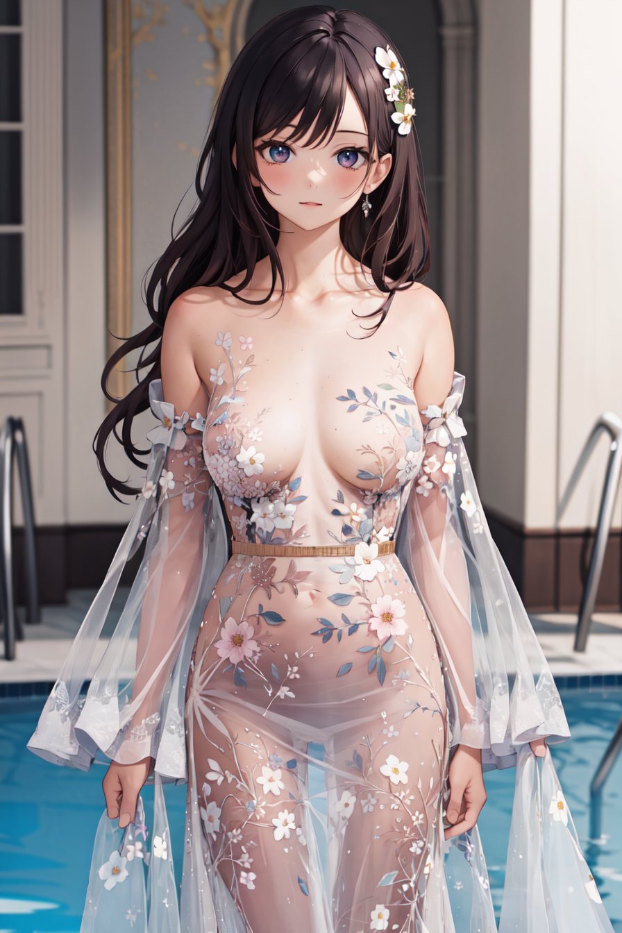 masterpiece,best quality,highres,ultra-detailed,(facing_viewer:1.1), cowboy_shot, solo, 1girl, big_breasts, straight_long_hair, standing, pool,floral_see_through_dress, see-through dress, flower, bare shoulders, <lora:SelfTraining_晚禮服-碎花透視連衣裙:1>