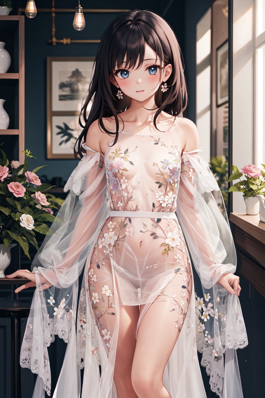 masterpiece,best quality,highres,ultra-detailed,(facing_viewer:1.1), cowboy_shot, solo, 1girl, small_breasts, straight_long_hair, standing, indoors, coffee shop,floral_see_through_dress, see-through dress, flower, bare shoulders, <lora:SelfTraining_晚禮服-碎花透視連衣裙:1>
