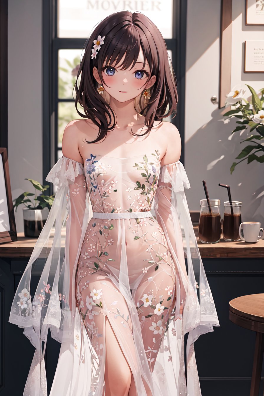 masterpiece,best quality,highres,ultra-detailed,(facing_viewer:1.1), cowboy_shot, solo, 1girl, small_breasts, straight_long_hair, standing, indoors, coffee shop,floral_see_through_dress, see-through dress, flower, bare shoulders, <lora:SelfTraining_晚禮服-碎花透視連衣裙:1>