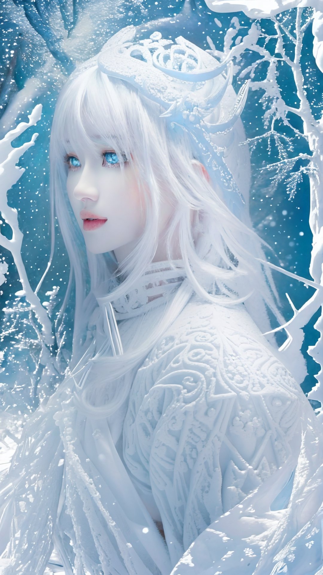 Illustrate a girl with the power of ice, featuring ice-white hair and clothing, set in a snowy landscape. Emphasize (((intricate details))), (((highest quality))), (((extreme detail quality))), and a (((captivating winter composition))). Use a palette of cool blues and whites, drawing inspiration from artists like Artgerm, Sakimichan, and Stanley Lau,midjourney