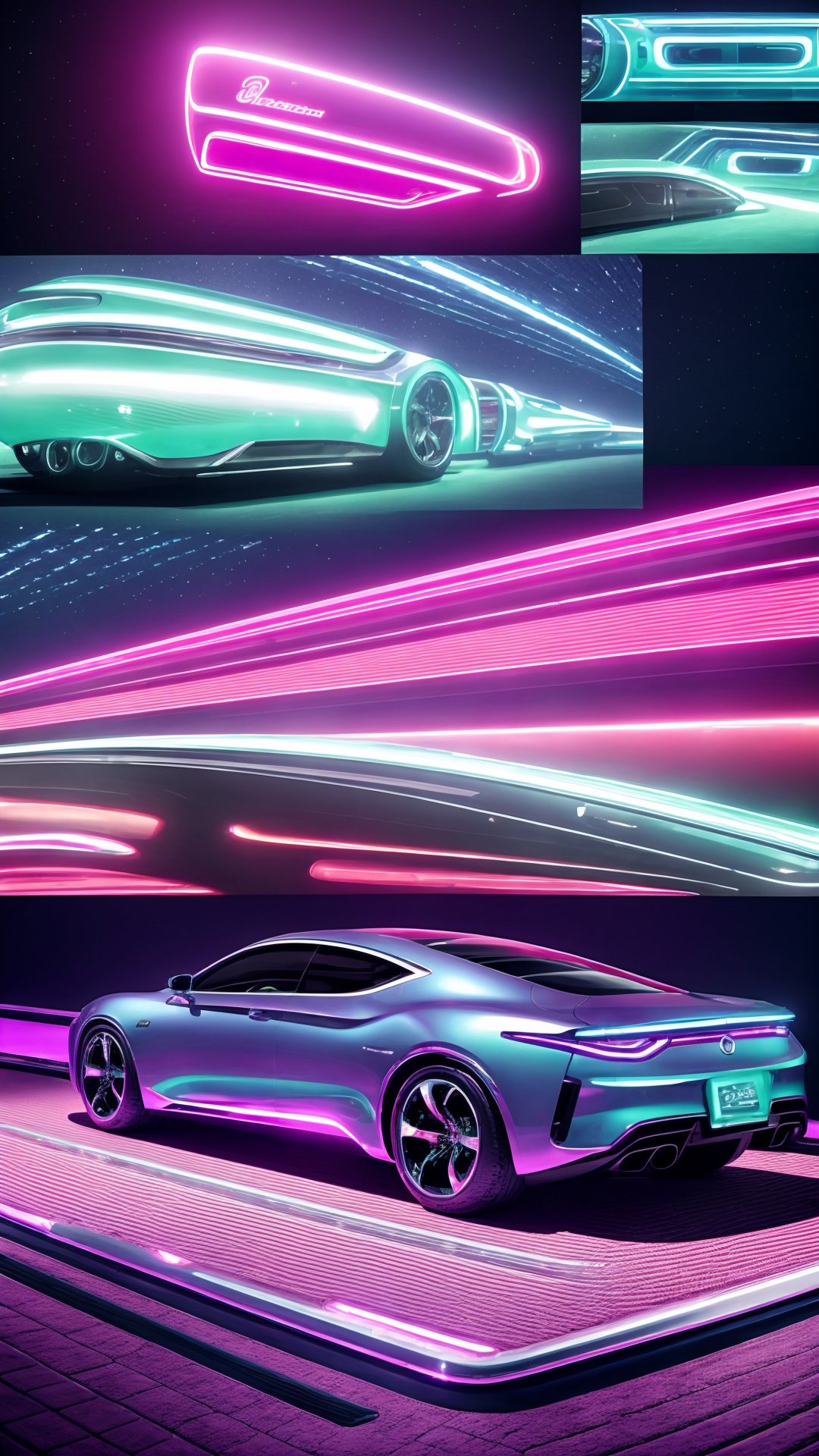 Generate a detailed image of a luxurious vehicle in a futuristic city surrounded by neon lights.,Masterpiece