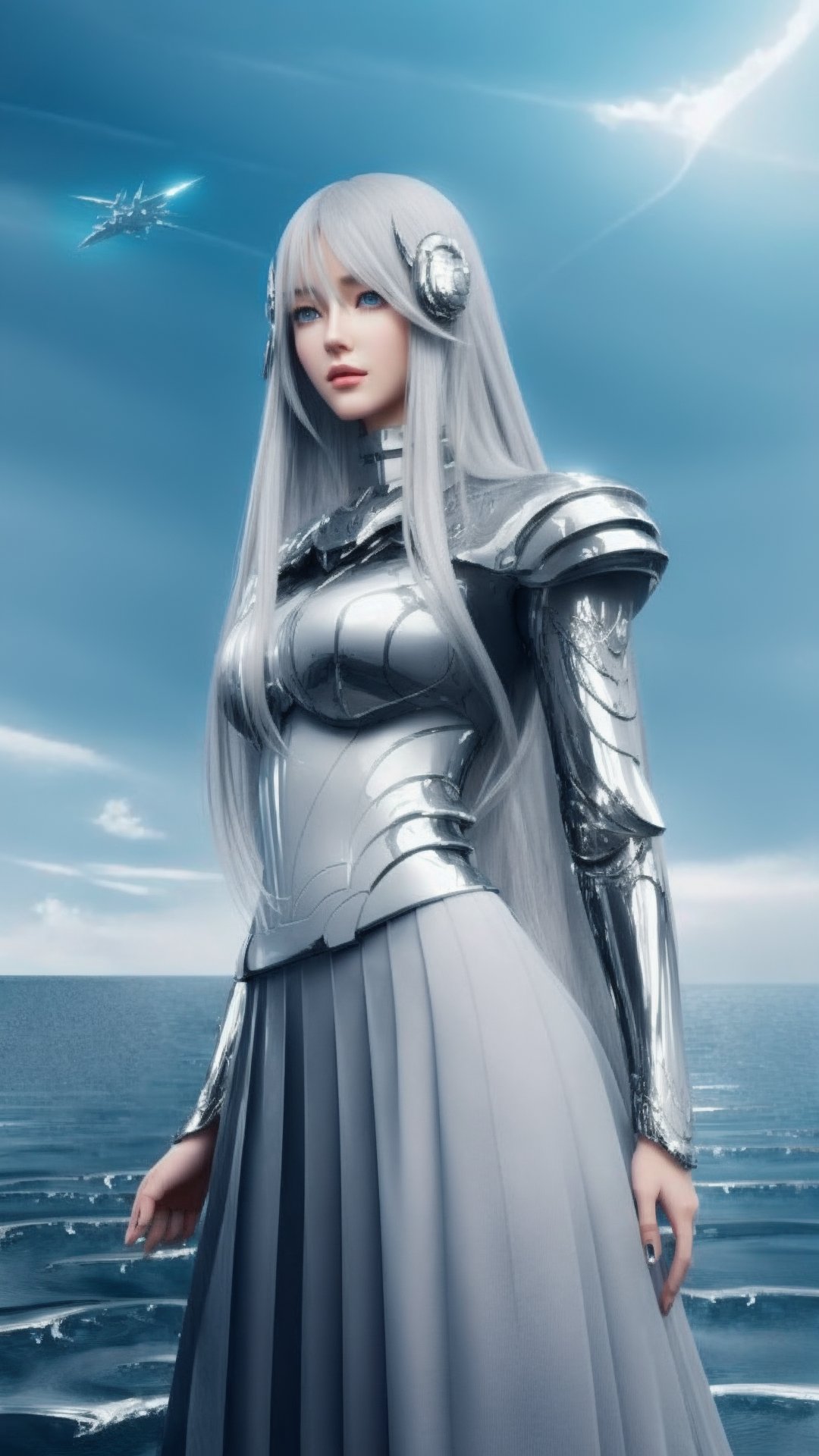 extremely detailed,style girl, full body, pleated skirt, small breast,light grey very_long_hair, scifi hair ornaments, beautiful detailed deep eyes, beautiful detailed sky, beautifuldetailed water, cinematic lighting