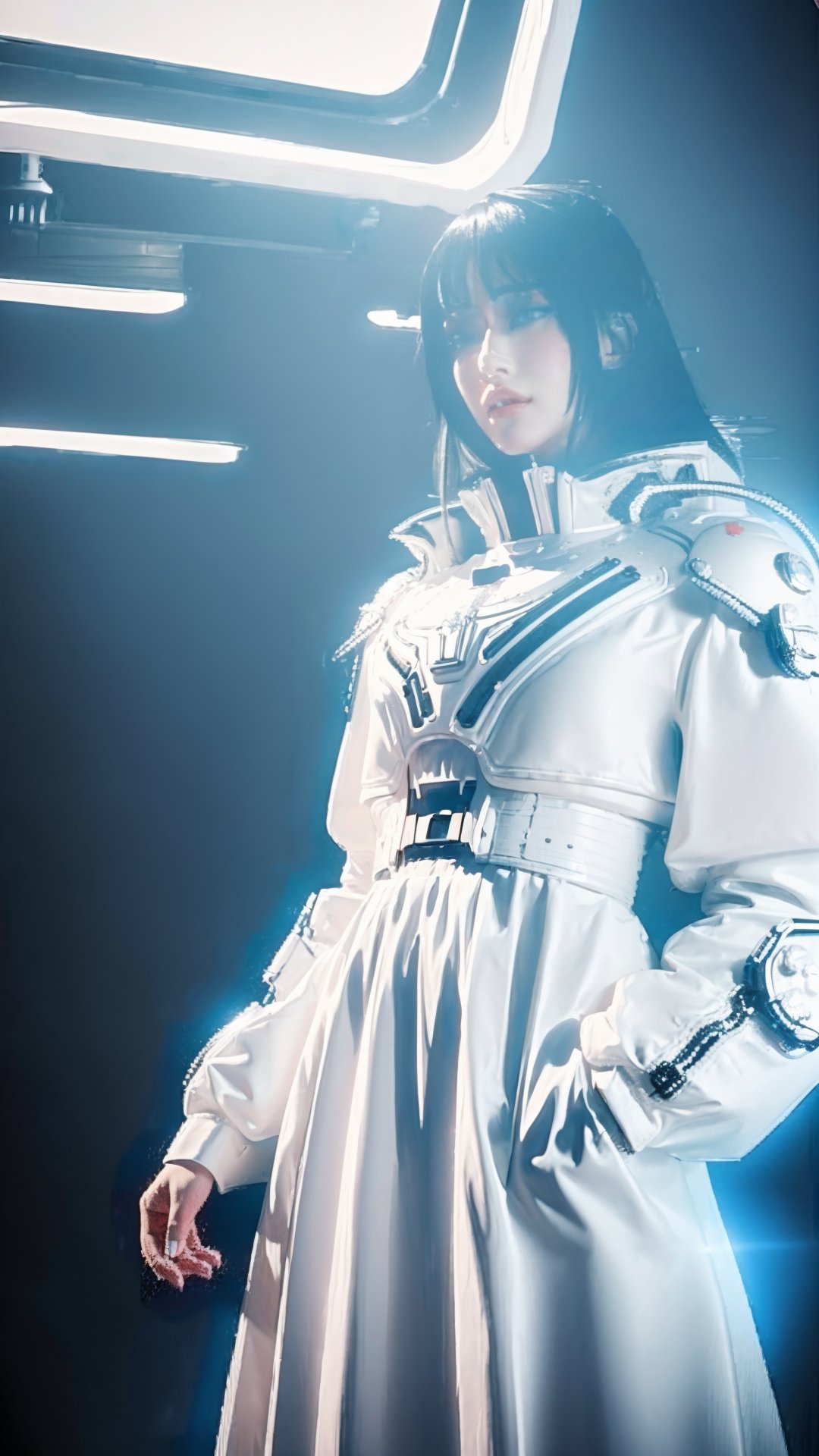 (Best Quality, 8k, 32k, Masterpiece, UHD:1.3),Moody Portrait of a white Futuristic Cyberpunk Space Suit,facing towards the camera with swagger,Cinematic Stanley Kubrick movie still with the iconic big circular ring lights in the background, 8K, digital art, unreal engine 5 render, octane render, photorealistic, photography, professional lighting and composition, award winning, intricate details, iconic movie shot by Stanley Kubrick with ring lights