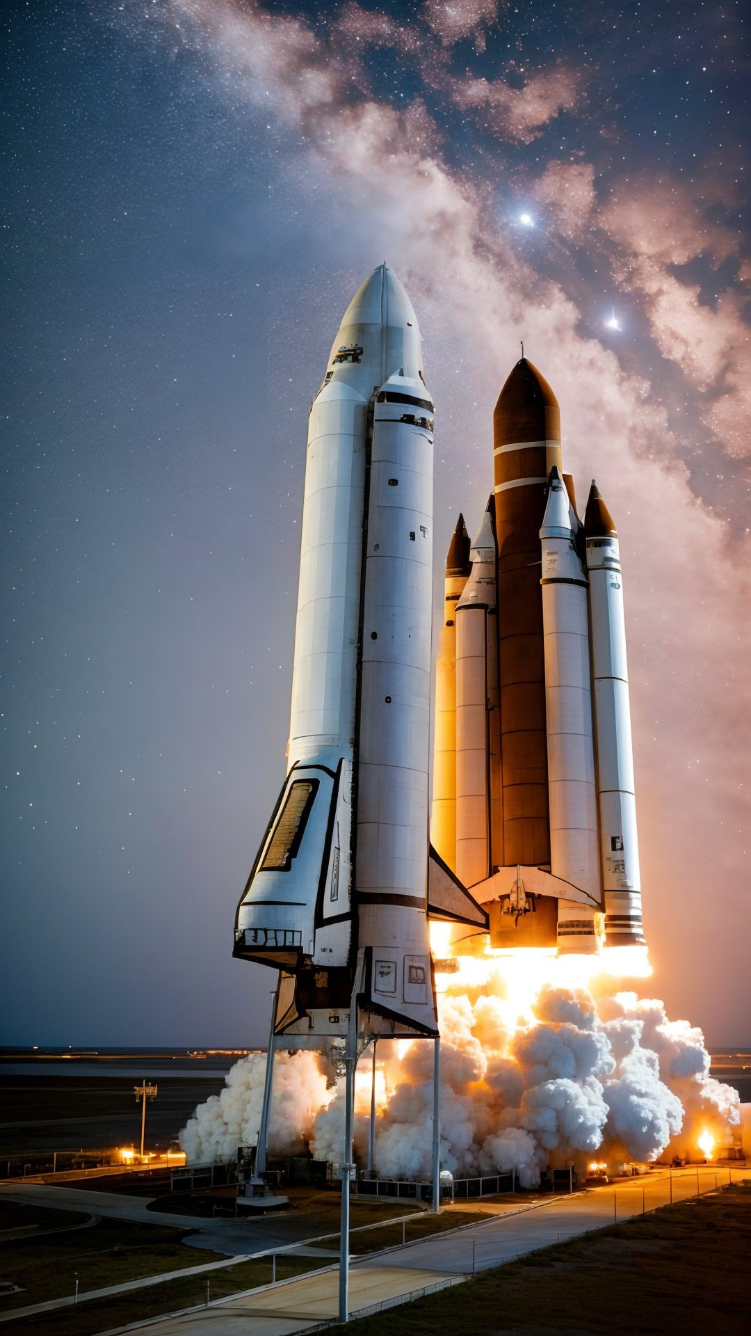 1 space shuttle is launching FROM The John F. Kennedy Space Center located on Merritt Island, Florida,, ((AT NIGHT TIME))magnificent flame and smoke, best quality, clear sky, MOON, STARS photorealistic, DonMPl4sm4T3chXL ,Renaissance Sci-Fi Fantasy,EpicSky