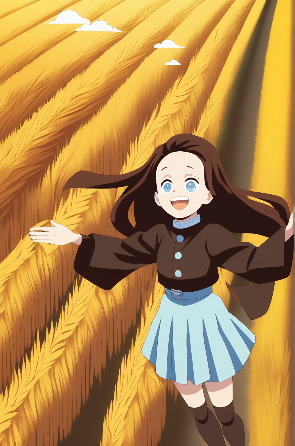 1 girl, brown hair, wearing an orange skirt, face to the blue sky, eyes closed, smiling, surrounded by yellow wheat fields, yellow ginkgo floating in the sky, white clouds floating in the blue sky, cartoon style, high quality, high resolution, look up, three-ee point oint perspective, the deep knee