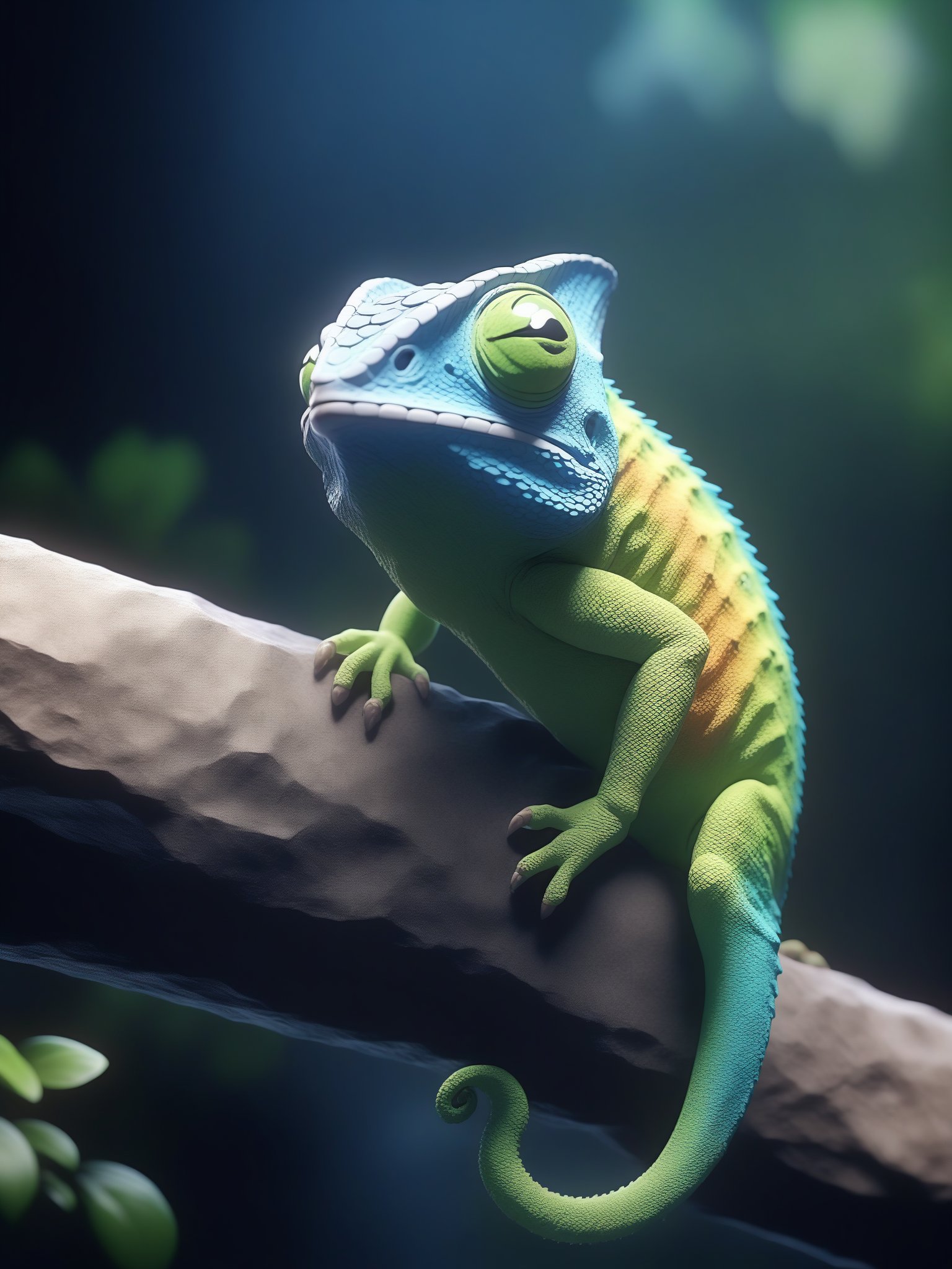 A cute Kawaii tiny hyper realistic chameleon with a plain background. wide angle full body, 8k, Cinematography, photorealistic,epic composition Unreal Engine,Cinematic, Color Grading, Portrait Photography,Ultra-Wide Angle, Depth of Field, hyper detailed.