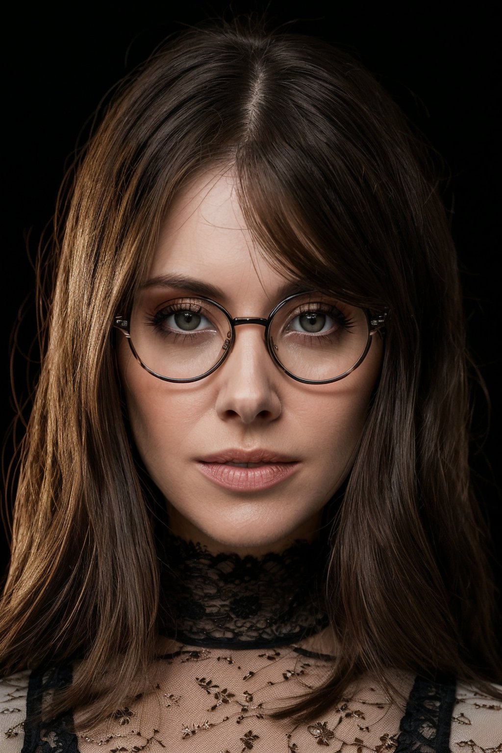 glasses, Sharp Focus, wo_alibrie01, (close-up:0.8), (slight smile:0.4), low key lighting, shot on Lumix GH5, cinematic bokeh, lace choker, long and brown hair, (black background:1.2), sharp cheekbones, teasing, detailed skin