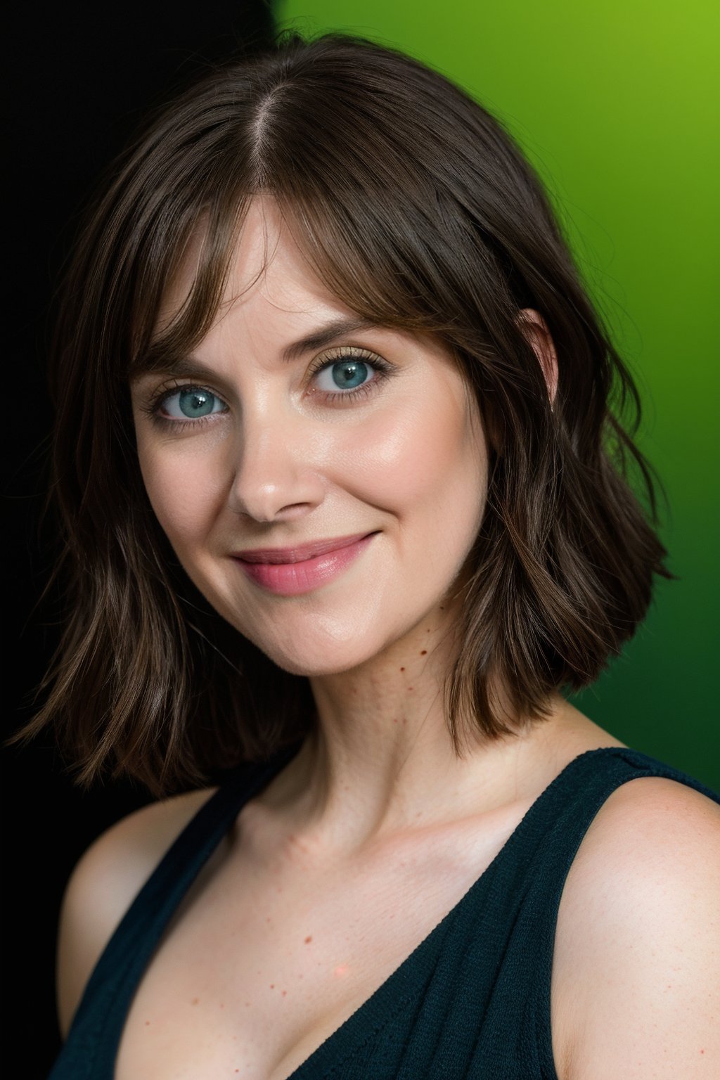 wo_alibrie01, big smile, headshot, blue eyes, brown bob hair, green shirt, in a photoshoot, black background, 8k, masterpiece, high quality, highres, photorealistic, raw, extremely detail
