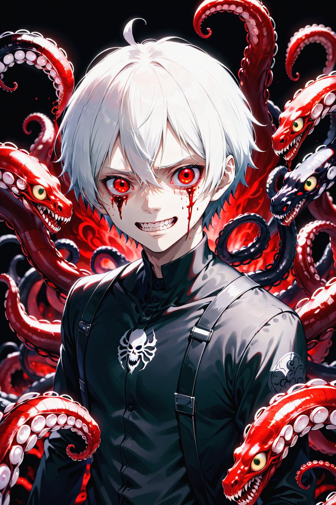 (1boy) portrait, best quality, ultra high res, ultra detailed, black and red, high contrast color tone, extremely detailed lighting, cinematic lighting, soft lights, (masterpiece, high quality:1.4), (kaneki ken, black hair, white hair, red and black eye, teeth, blood eyes, black clothes, scorpio tentacles), , , blood, , black background, thrilling, (fierce face),kaneki ken