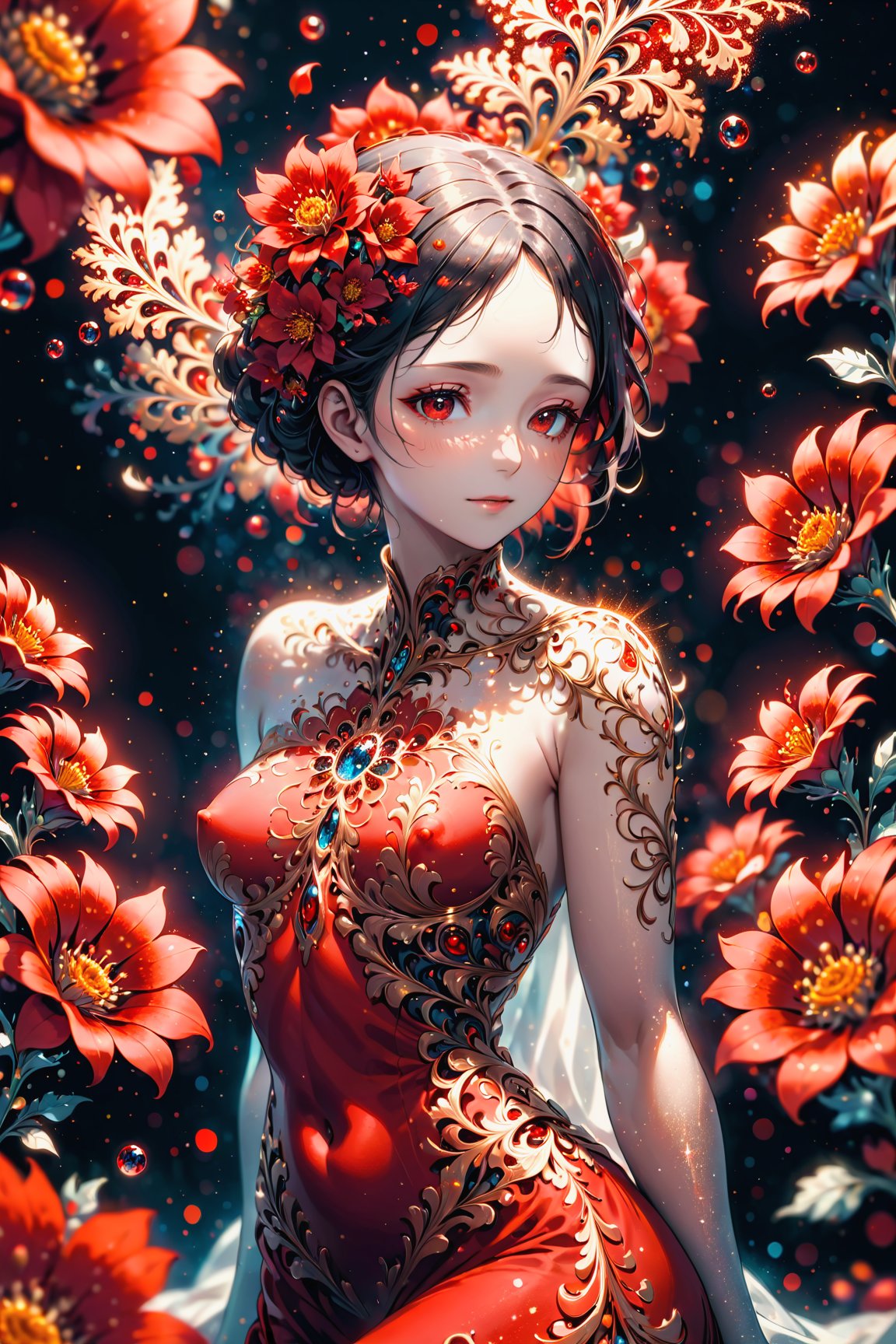 A woman made of red flowers, bokeh, highly detailed, realistic, lifelike, glitter particle in the air, studio photo, highly detailed, dynamic, cinematic, masterpiece, intricate, hdr, abstract fractal, romantic atmosphere, award-winning photo