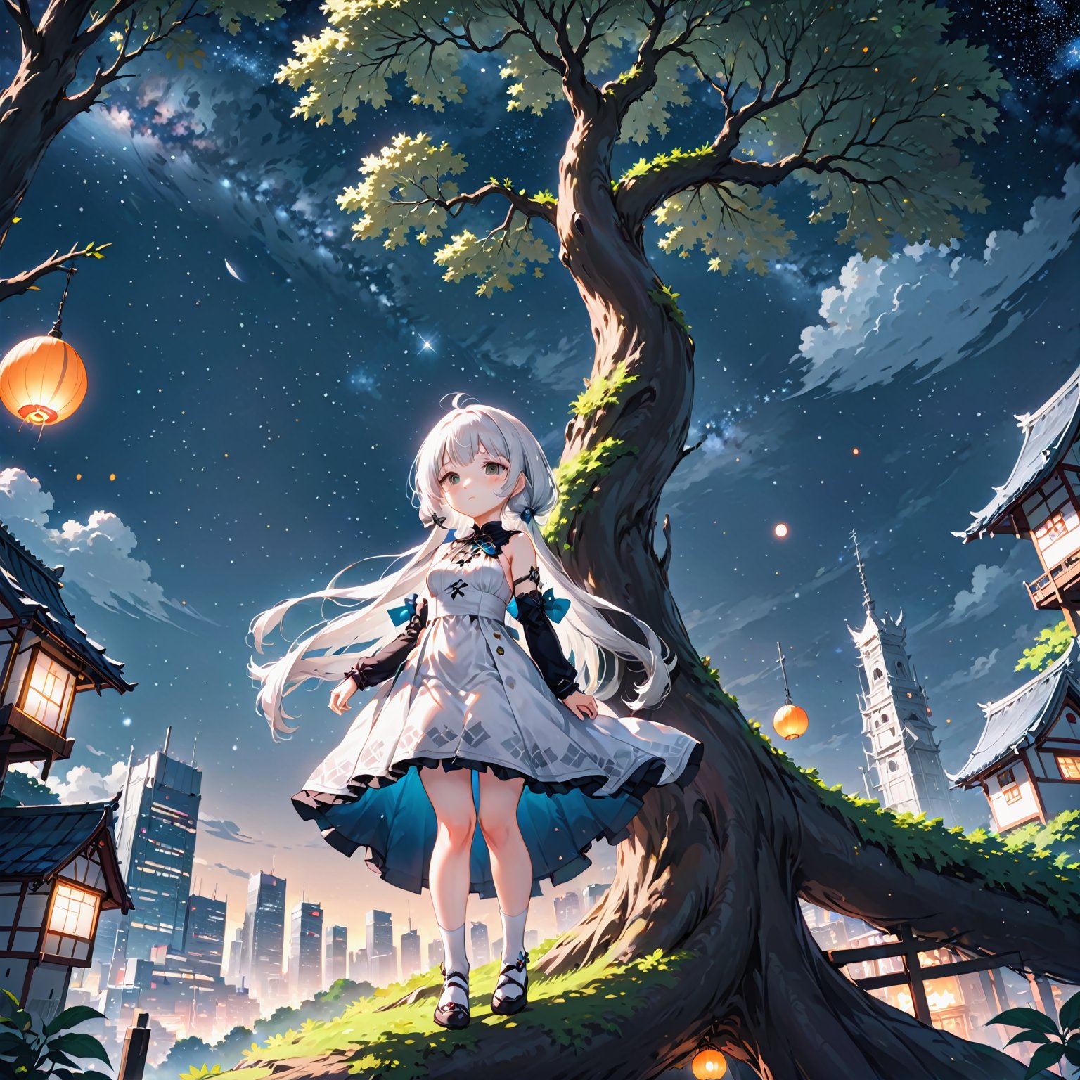 The background is a city, perfect white-haired girl, loli in dress, white-haired, white-haired god, cute anime waifu in beautiful clothes, gray-haired, best anime 4k konachan wallpaper, little curve loli, guvez on Pixiv ArtStation, white-haired girl, nightcore, standing on a tree, looking up at the stars, face super detailed
