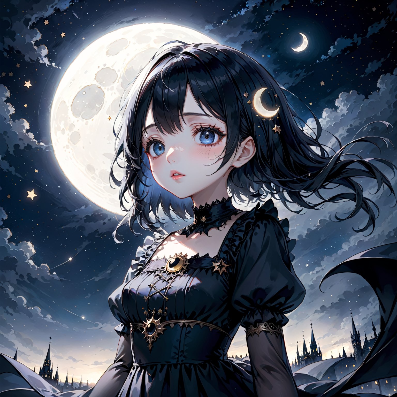 (best quality,illustration,masterpiece:1.2,high-res:1.1),1girl,cute face,beautiful detailed eyes,beautiful detailed lips,longeyelashes,lonely,gothic dress,upper body,night sky with stars and moon

,Anime 